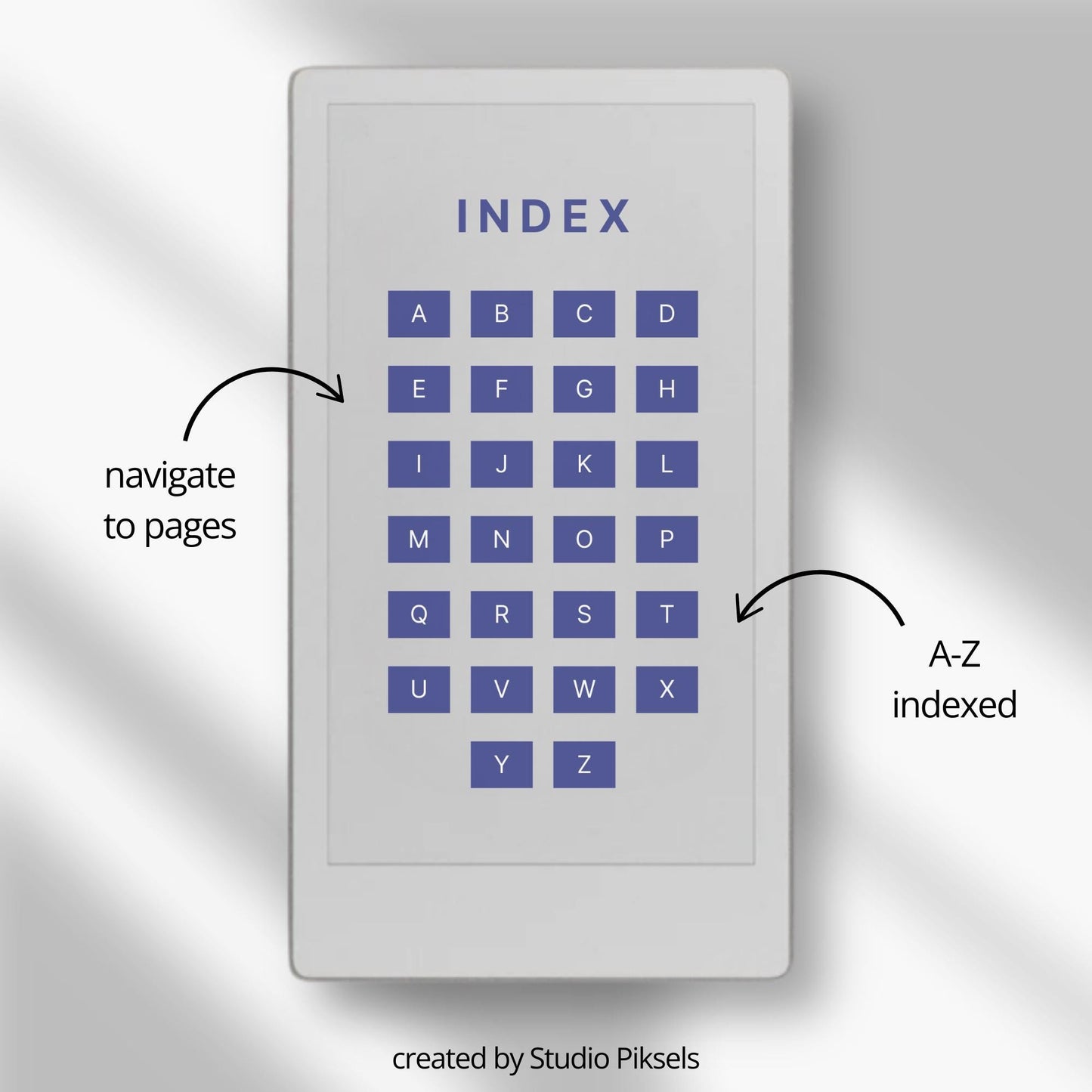 Hyperlinked password tracker PDF for reMarkable Paper Pro Move with alphabetical index and organized login pages.