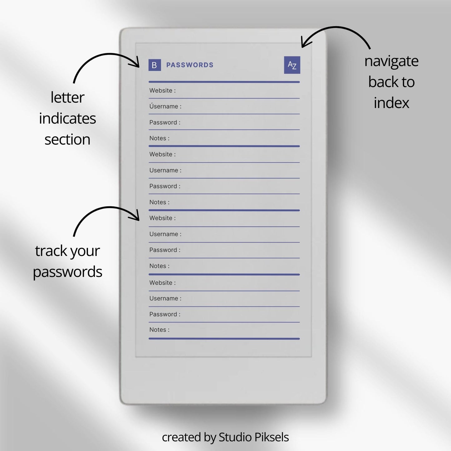Hyperlinked password tracker PDF for reMarkable Paper Pro Move with alphabetical index and organized login pages.