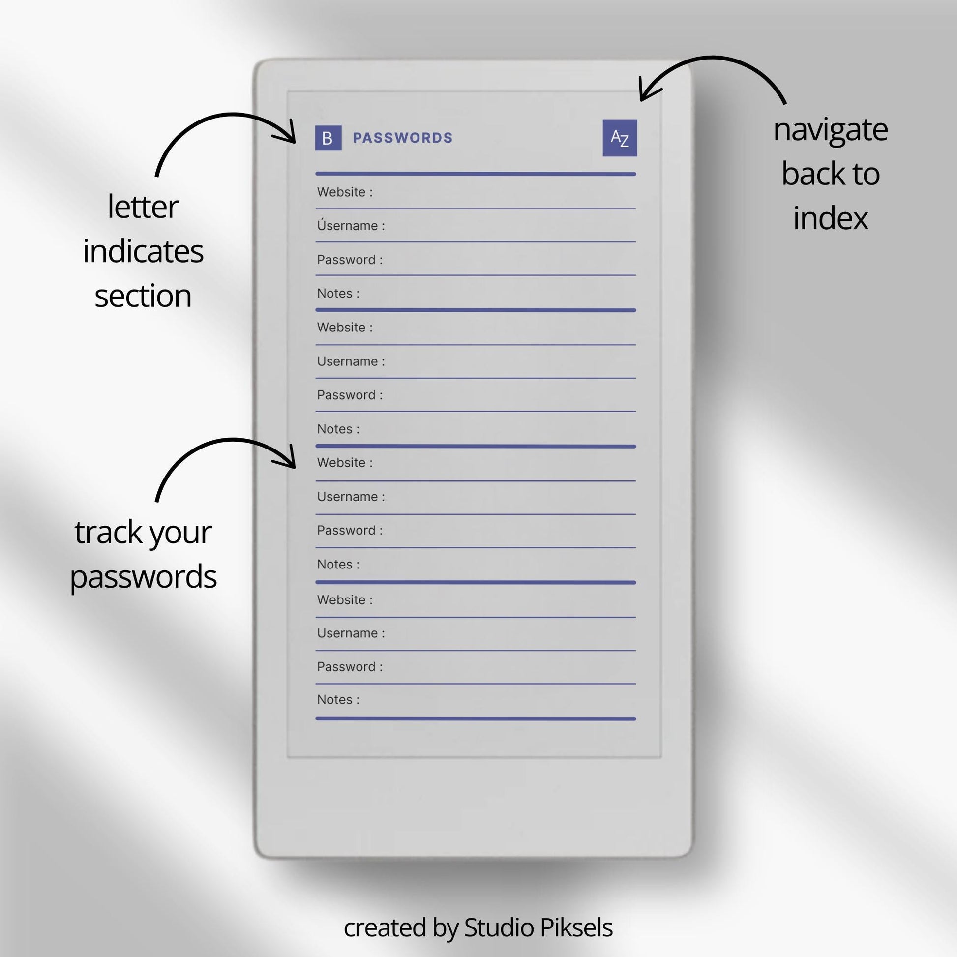 Hyperlinked password tracker PDF for reMarkable Paper Pro Move with alphabetical index and organized login pages.