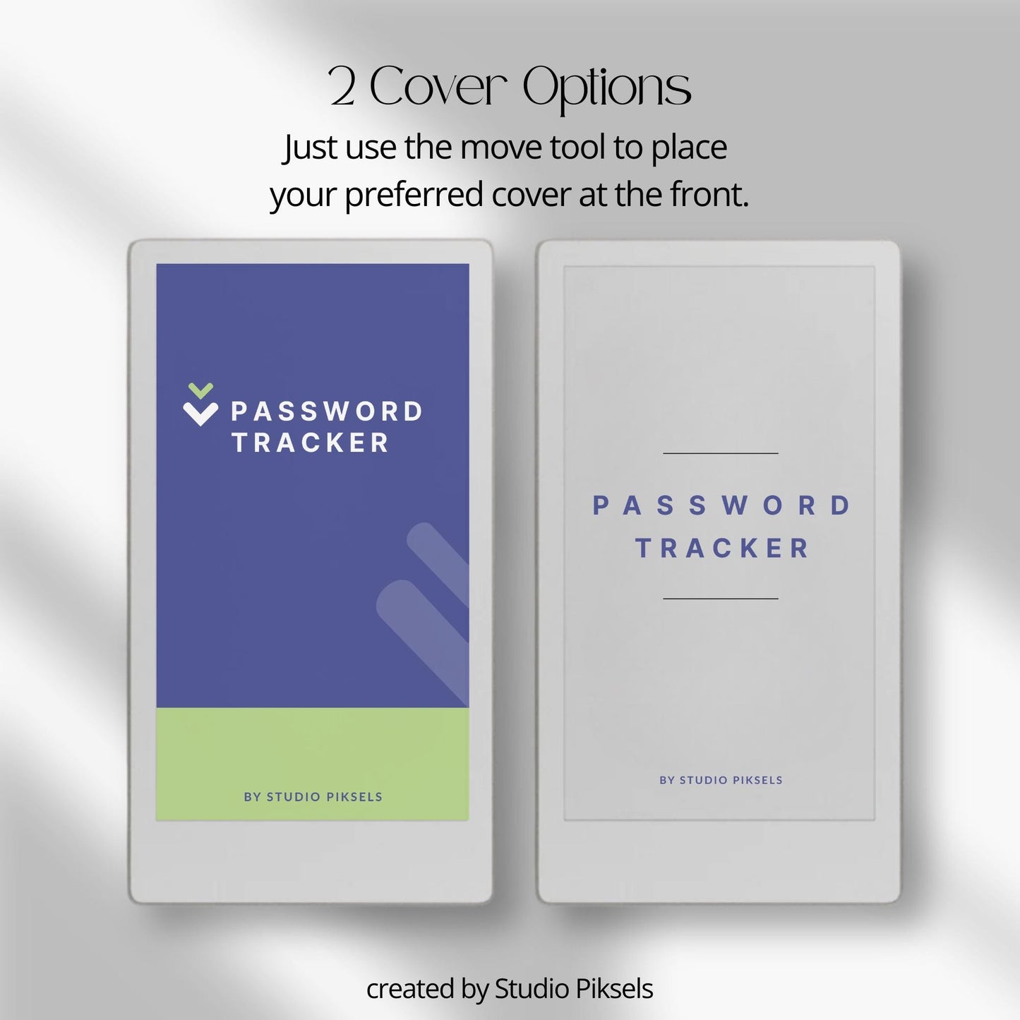 Hyperlinked password tracker PDF for reMarkable Paper Pro Move with alphabetical index and organized login pages.