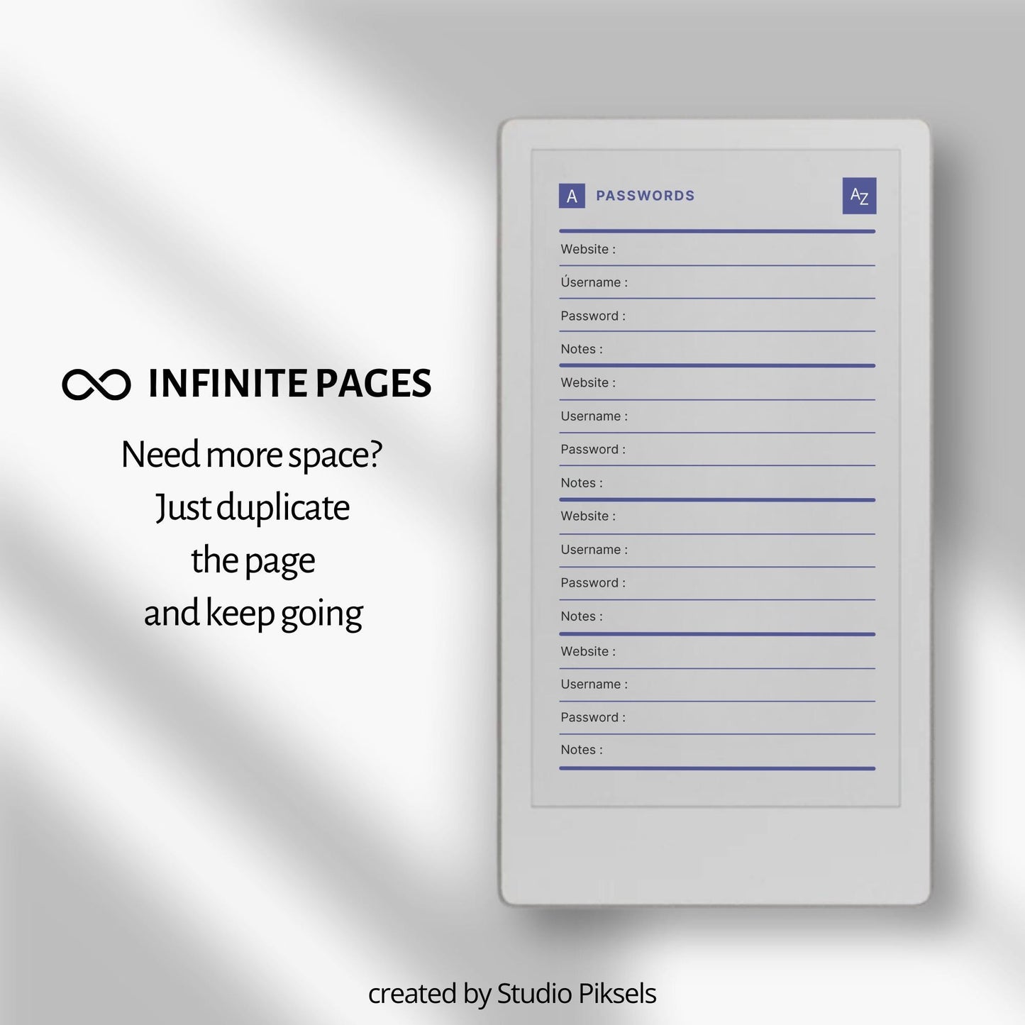 Hyperlinked password tracker PDF for reMarkable Paper Pro Move with alphabetical index and organized login pages.