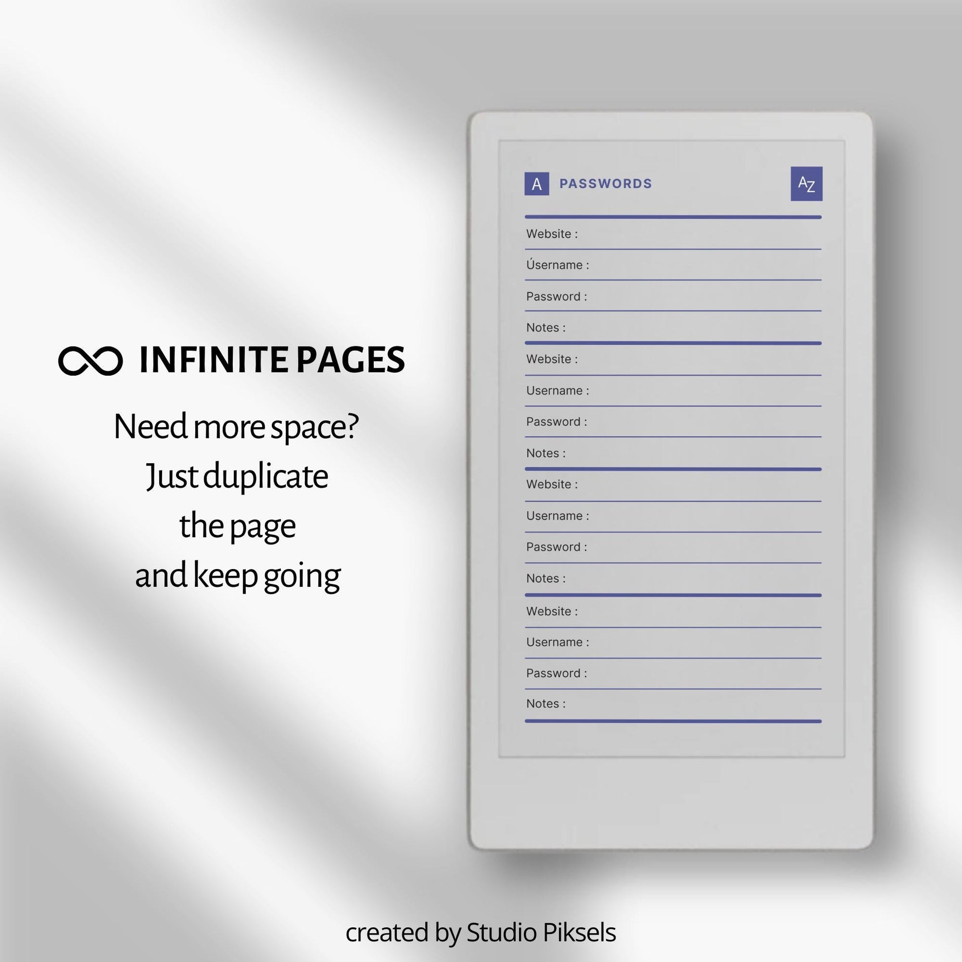 Hyperlinked password tracker PDF for reMarkable Paper Pro Move with alphabetical index and organized login pages.