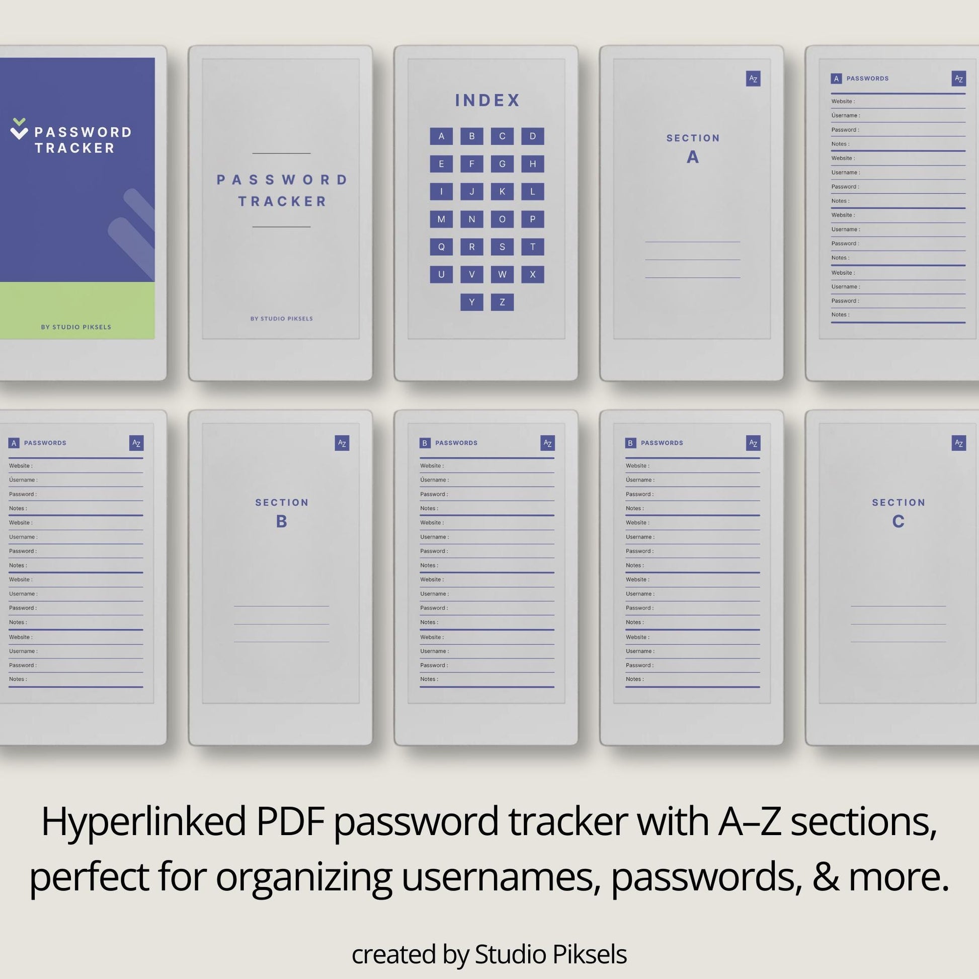 Hyperlinked password tracker PDF for reMarkable Paper Pro Move with alphabetical index and organized login pages.