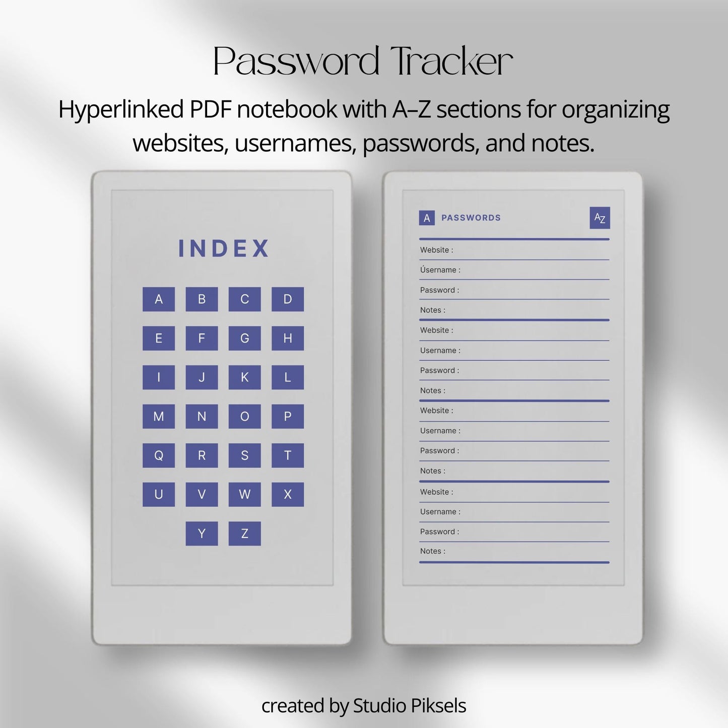 Hyperlinked password tracker PDF for reMarkable Paper Pro Move with alphabetical index and organized login pages.