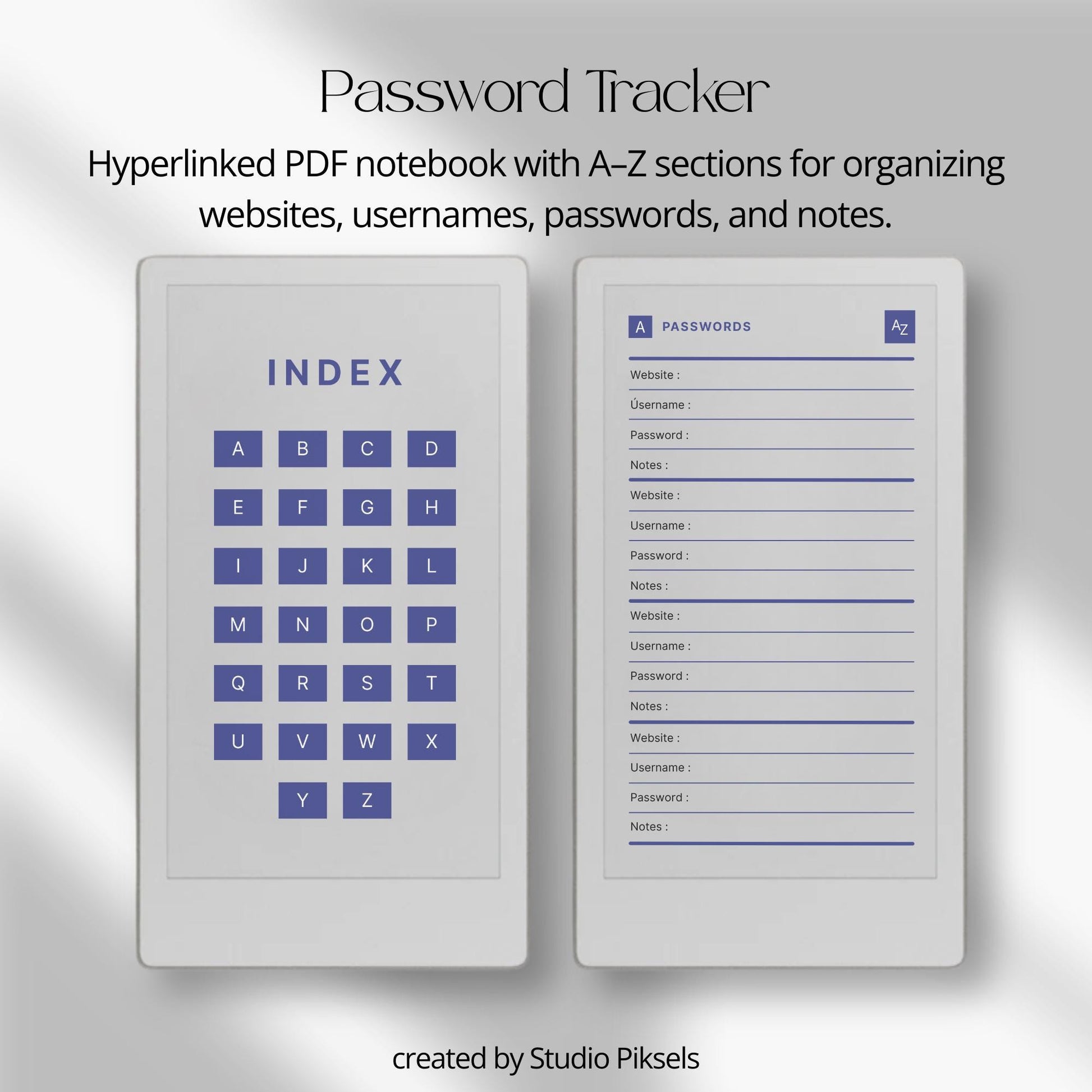 Hyperlinked password tracker PDF for reMarkable Paper Pro Move with alphabetical index and organized login pages.