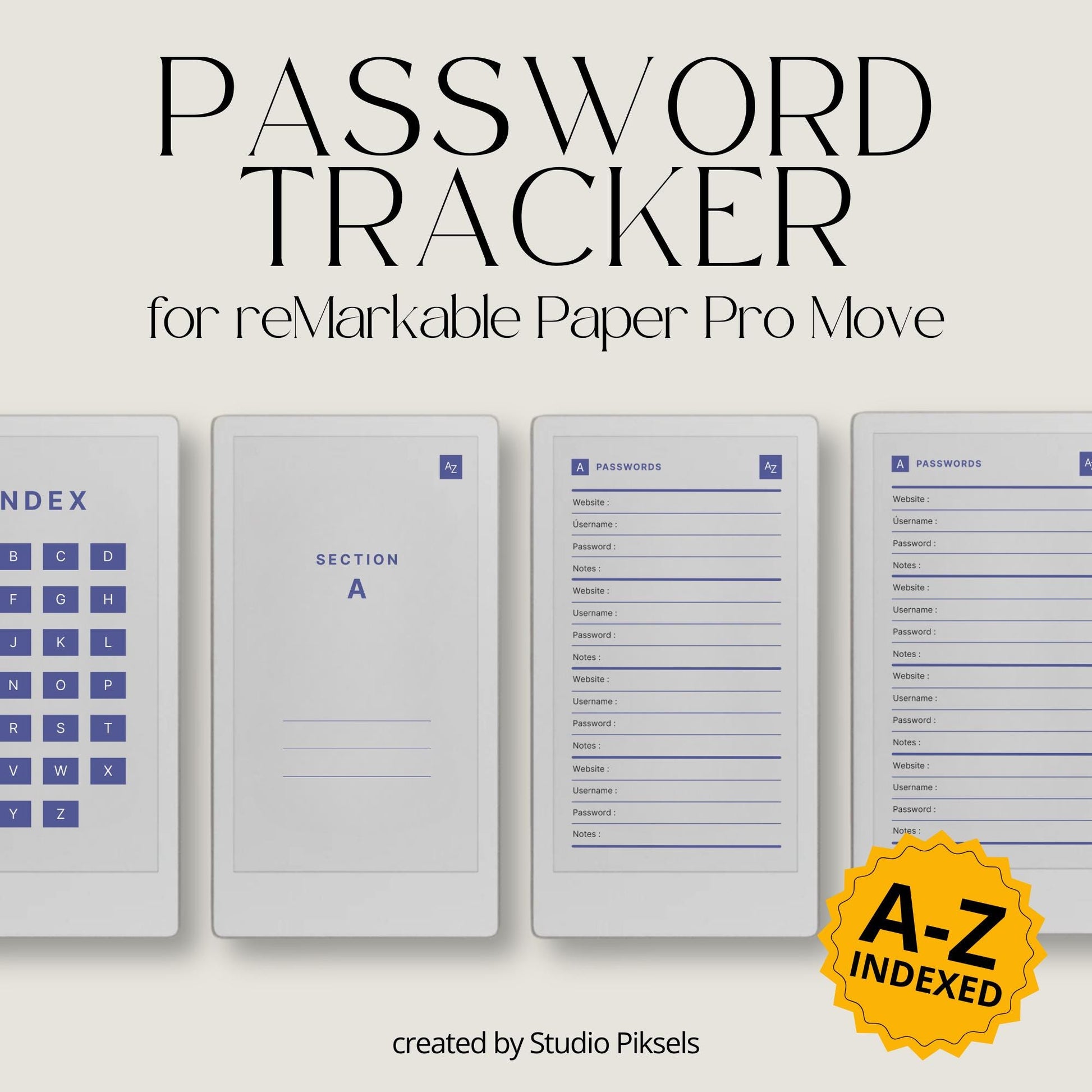 Hyperlinked password tracker PDF for reMarkable Paper Pro Move with alphabetical index and organized login pages.