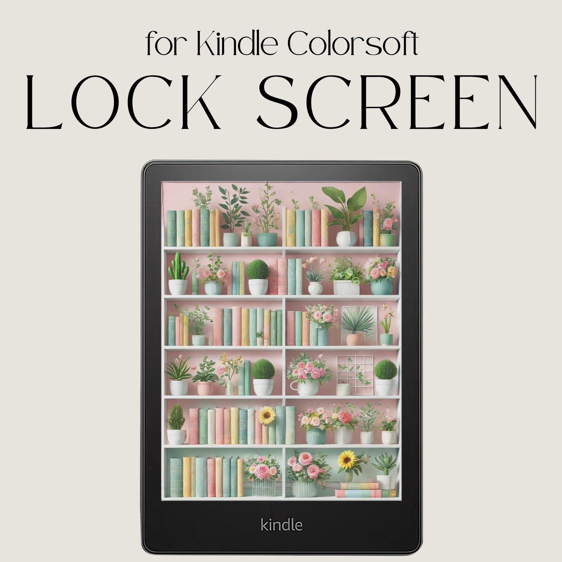 Kindle Colorsoft bookshelf lock screen with pastel floral artwork, bookshelves, and cozy reading aesthetic in EPUB format