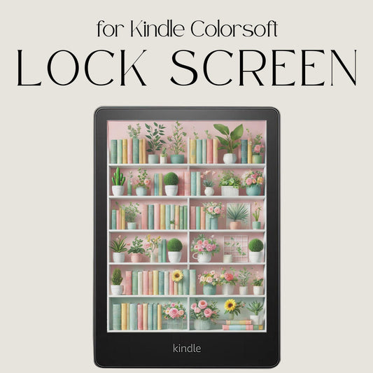 Kindle Colorsoft bookshelf lock screen with pastel floral artwork, bookshelves, and cozy reading aesthetic in EPUB format