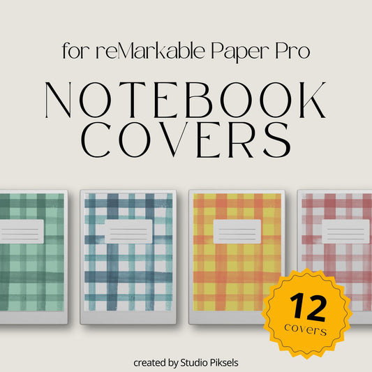 Plaid notebook cover bundle for reMarkable Paper Pro featuring 12 digital notebook cover designs with classic check patterns for organizing journals, planners, notes, and custom digital notebooks.