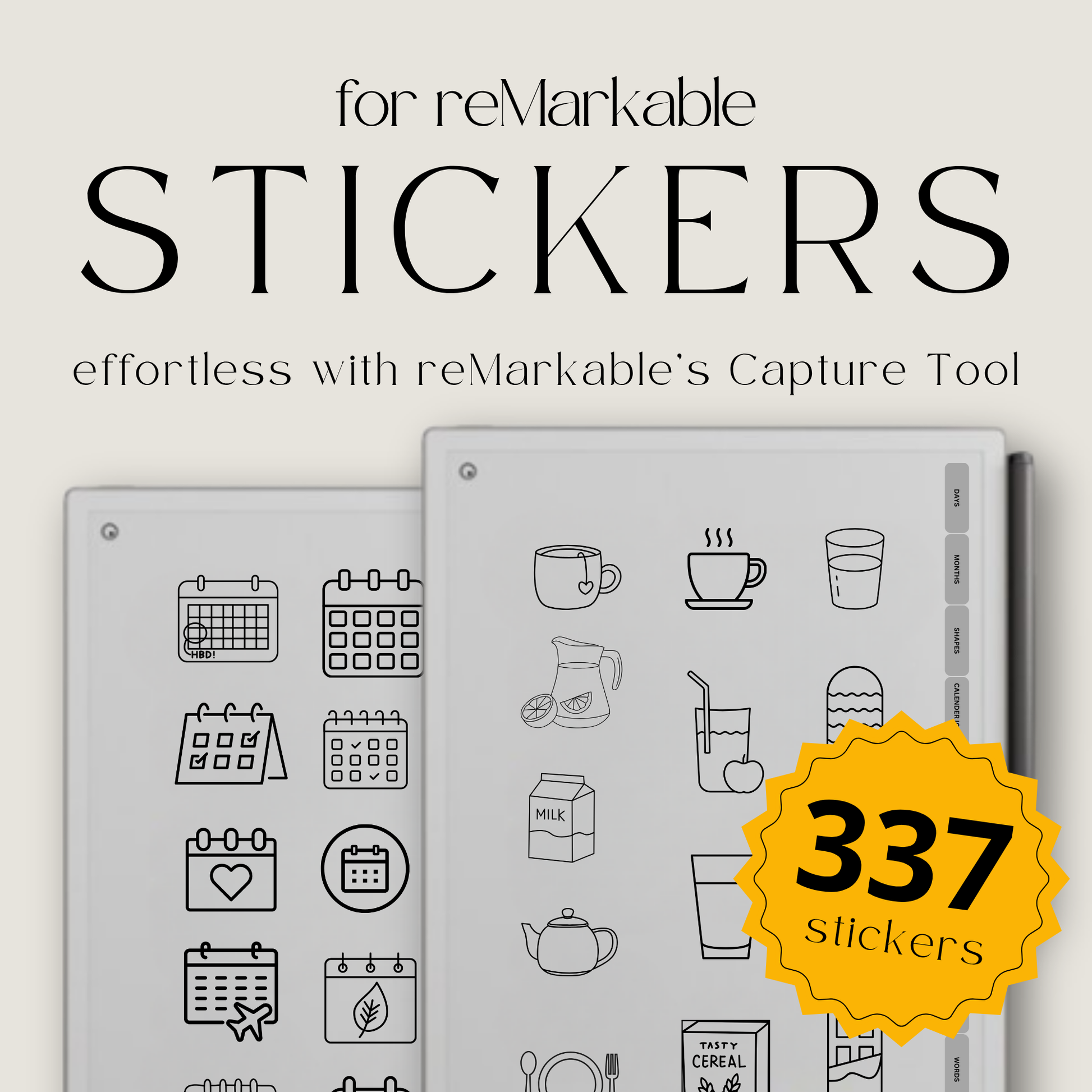 digital planning stickers for reMarkable Paper Pro, Paper Pure, and reMarkable 2 with calendar, weather, food, cleaning, labels, and productivity icons.
