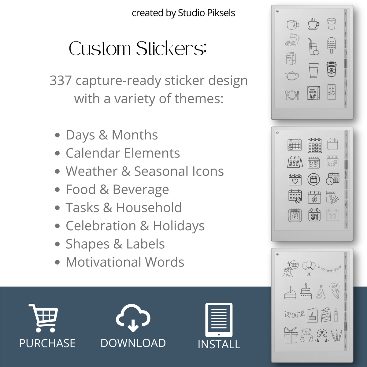 digital planning stickers for reMarkable Paper Pro, Paper Pure, and reMarkable 2 with calendar, weather, food, cleaning, labels, and productivity icons.