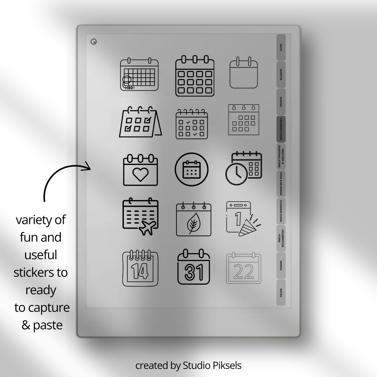 digital planning stickers for reMarkable Paper Pro, Paper Pure, and reMarkable 2 with calendar, weather, food, cleaning, labels, and productivity icons.
