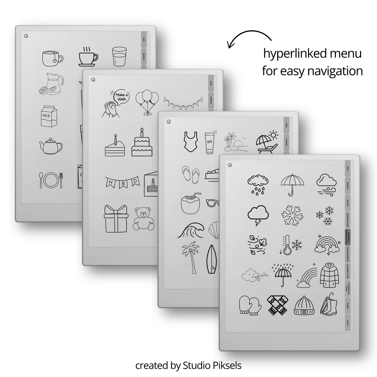 digital planning stickers for reMarkable Paper Pro, Paper Pure, and reMarkable 2 with calendar, weather, food, cleaning, labels, and productivity icons.