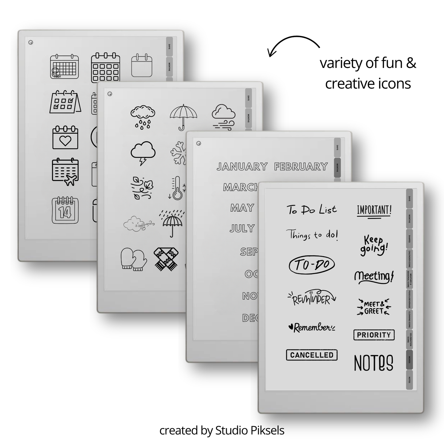 digital planning stickers for reMarkable Paper Pro, Paper Pure, and reMarkable 2 with calendar, weather, food, cleaning, labels, and productivity icons.