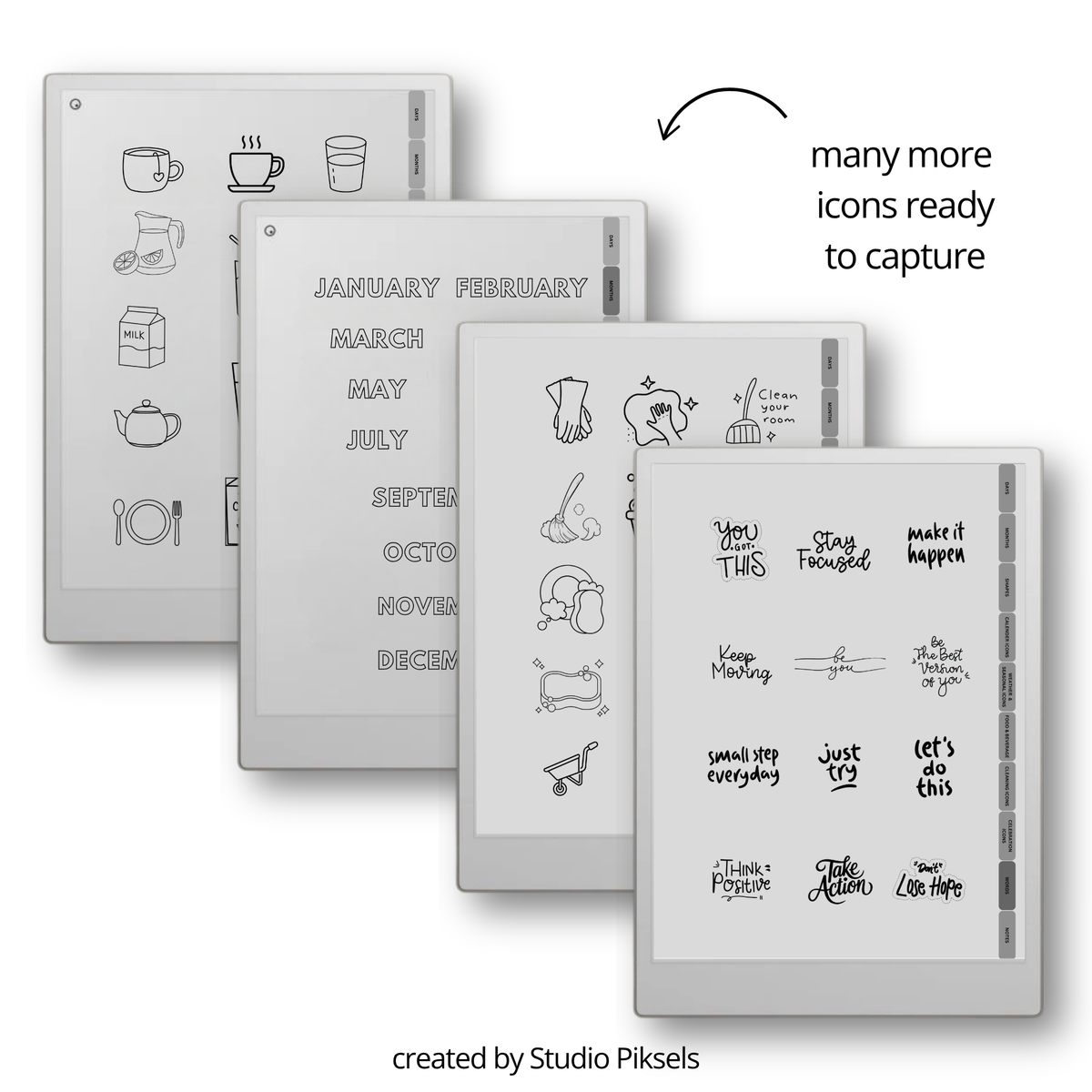 digital planning stickers for reMarkable Paper Pro, Paper Pure, and reMarkable 2 with calendar, weather, food, cleaning, labels, and productivity icons.