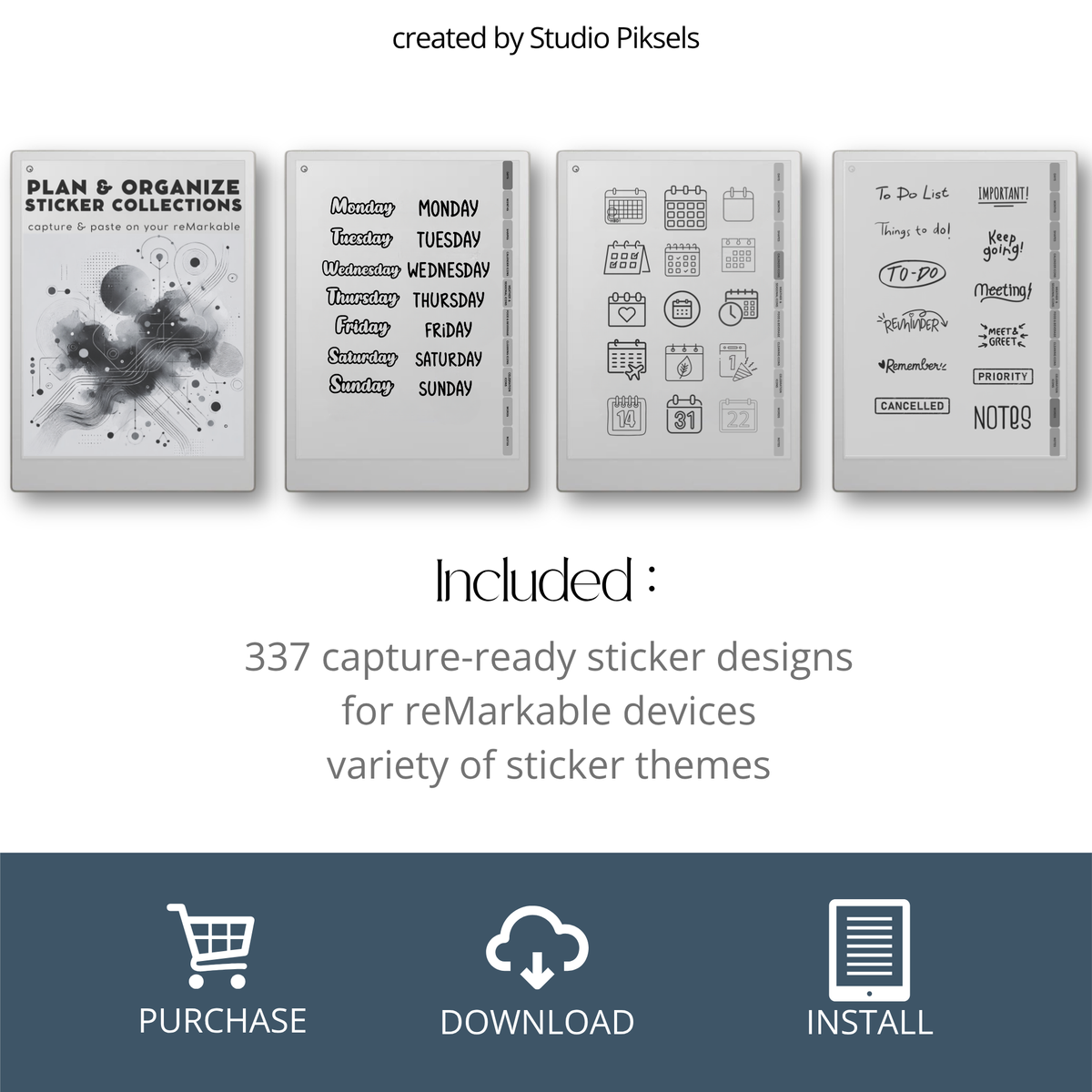 digital planning stickers for reMarkable Paper Pro, Paper Pure, and reMarkable 2 with calendar, weather, food, cleaning, labels, and productivity icons.
