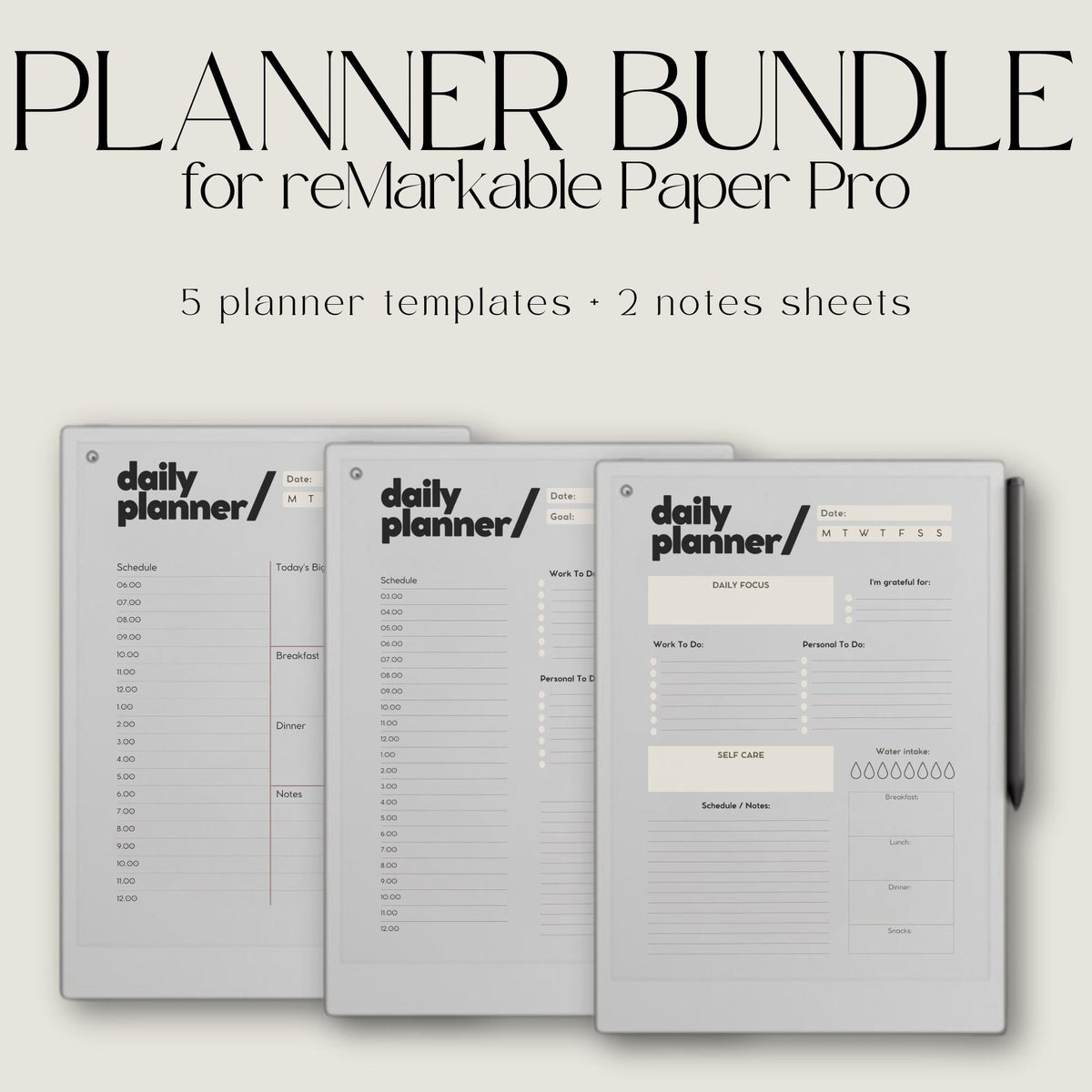 Digital planner bundle for reMarkable Paper Pro featuring structured daily, weekly, and hourly planning pages with multiple minimalist templates for task organization, scheduling, and productivity tracking on E Ink devices.