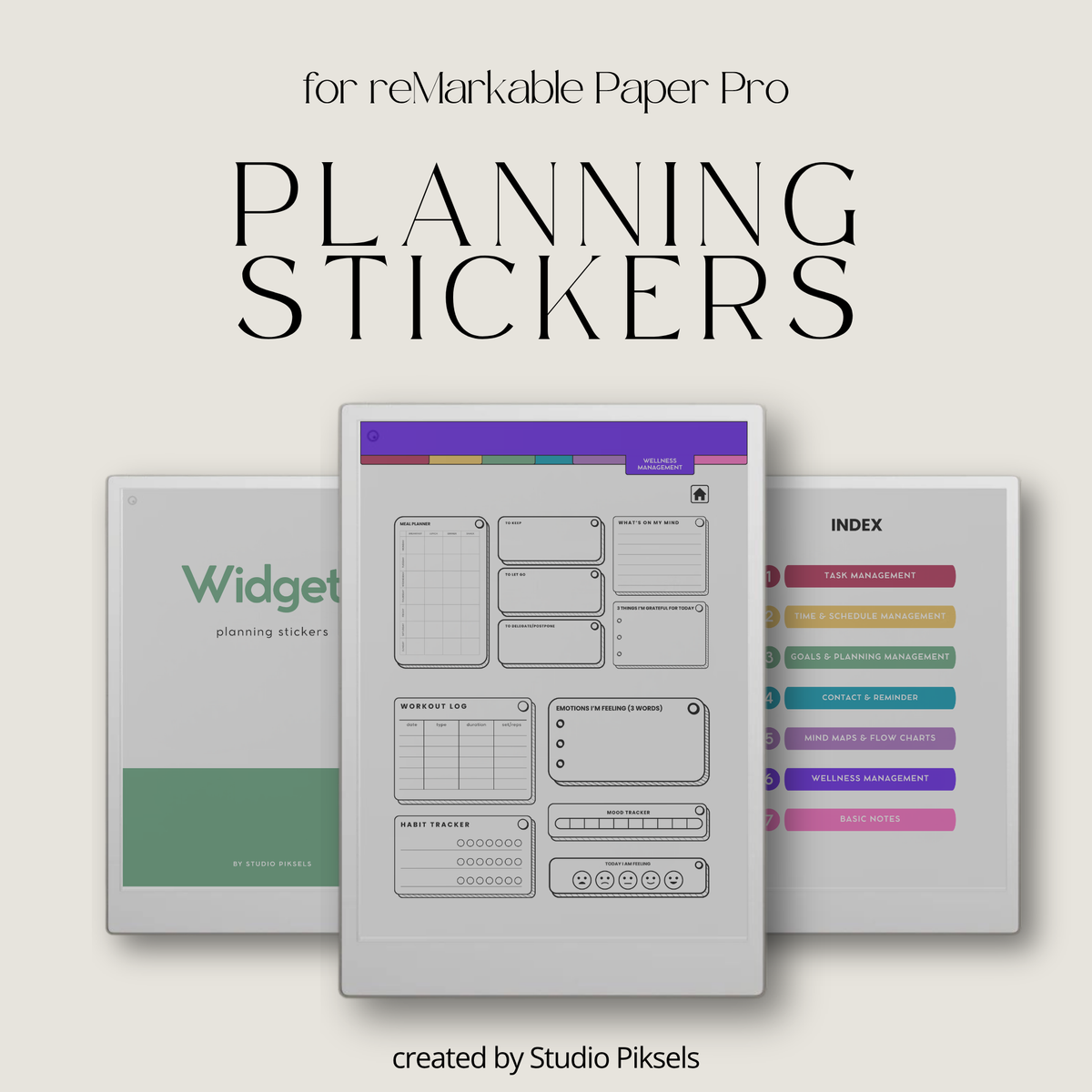 Productivity Widgets for reMarkable Paper Pro with task lists, schedules, goals, reminders, wellness and note-taking widgets for digital planners and notebooks.