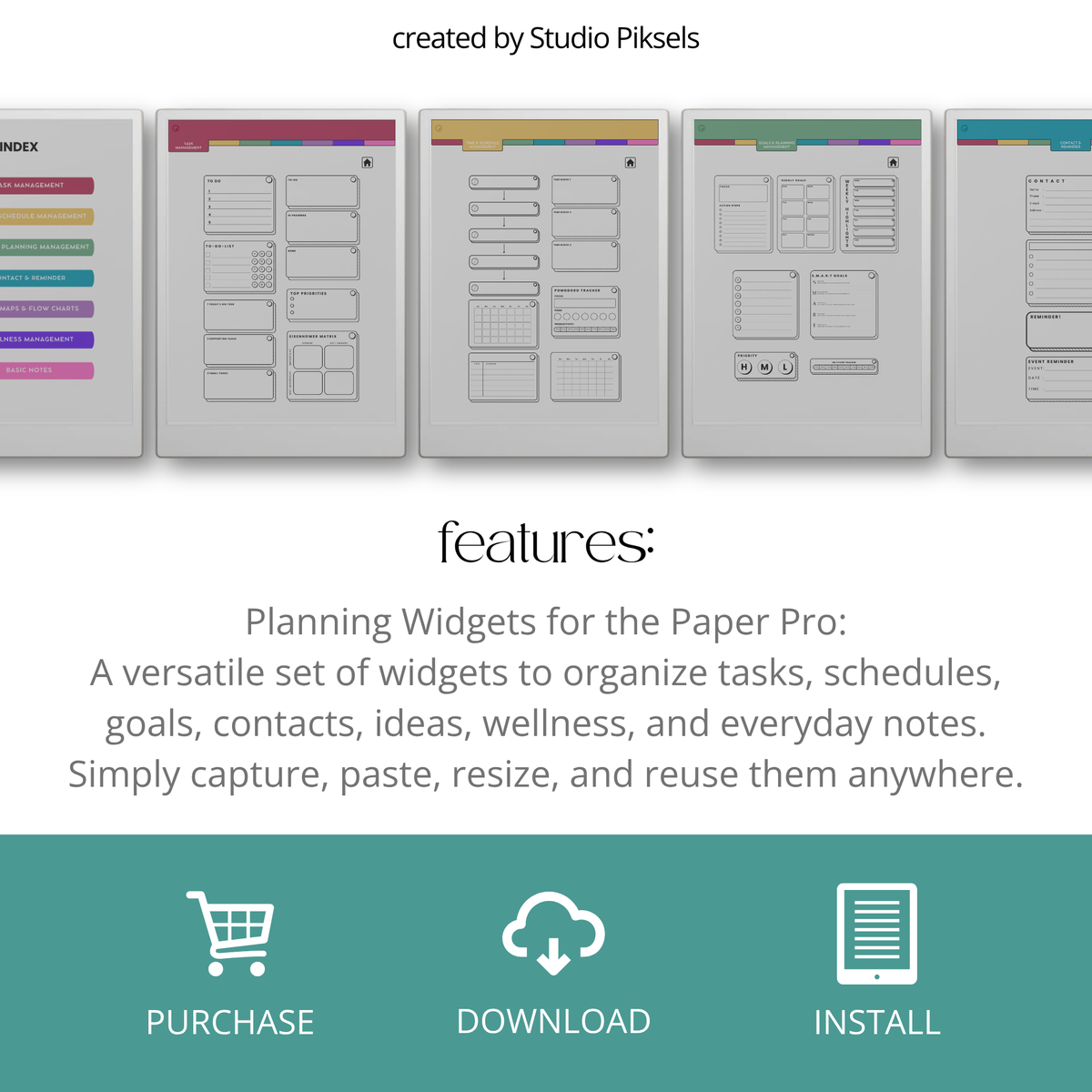 Productivity Widgets for reMarkable Paper Pro with task lists, schedules, goals, reminders, wellness and note-taking widgets for digital planners and notebooks.
