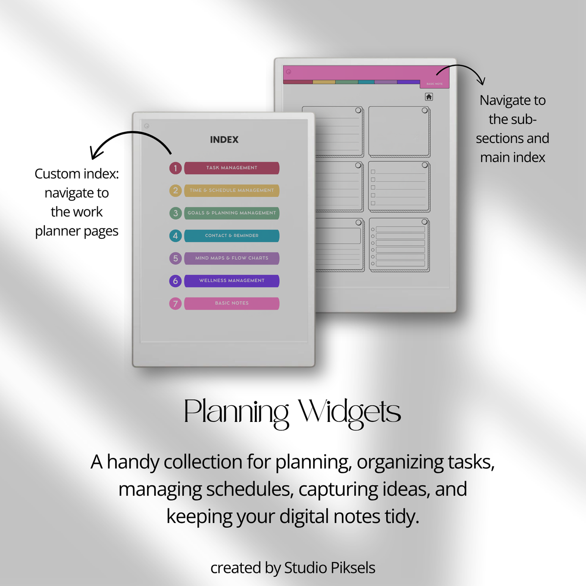 Productivity Widgets for reMarkable Paper Pro with task lists, schedules, goals, reminders, wellness and note-taking widgets for digital planners and notebooks.