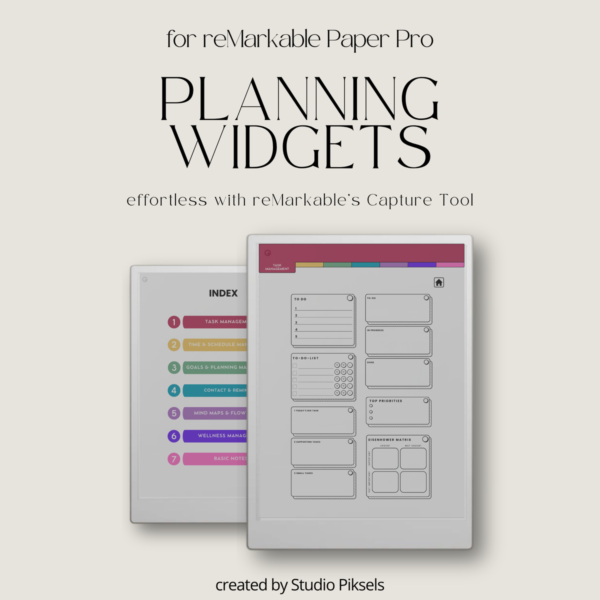 Productivity Widgets for reMarkable Paper Pro with task lists, schedules, goals, reminders, wellness and note-taking widgets for digital planners and notebooks.