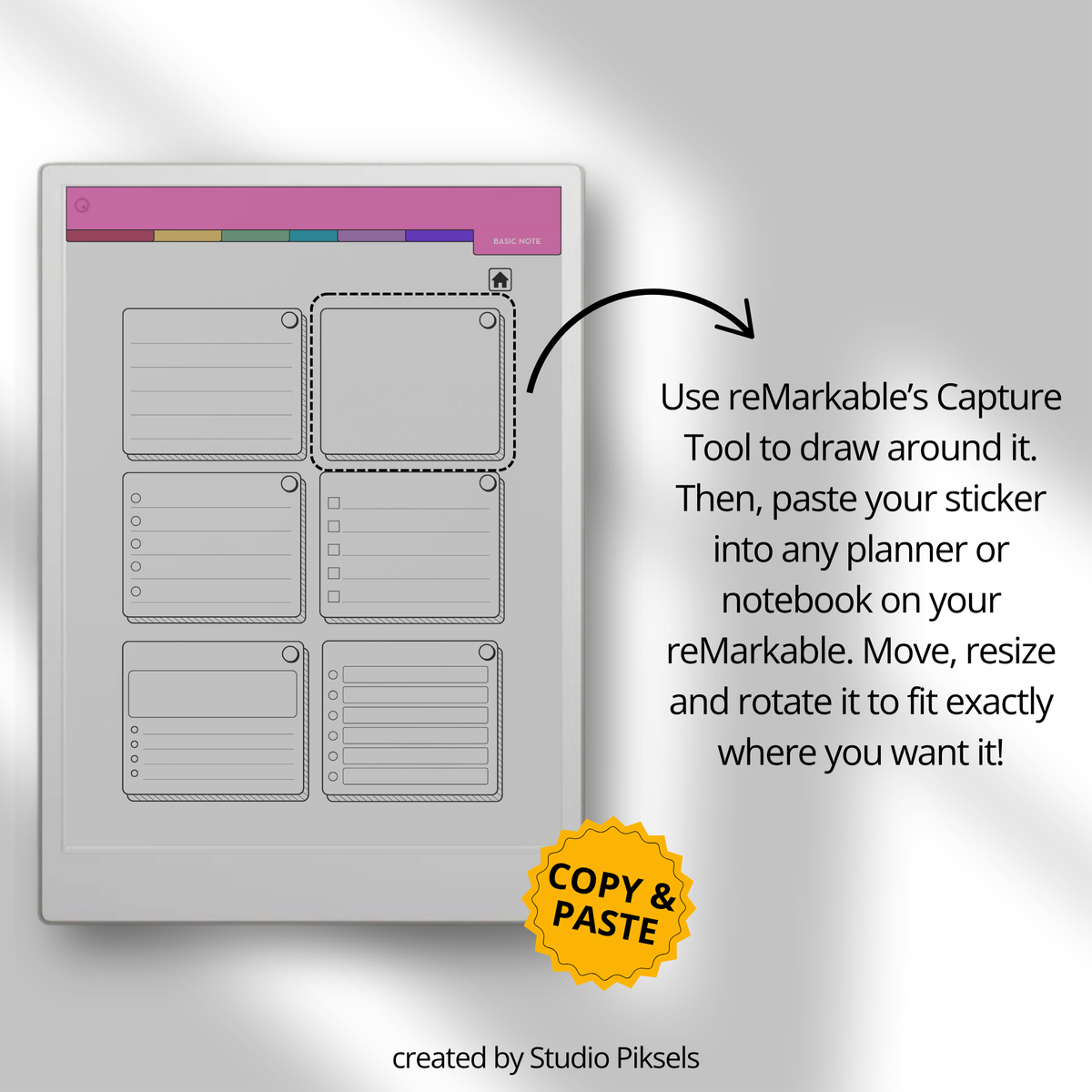 Productivity Widgets for reMarkable Paper Pro with task lists, schedules, goals, reminders, wellness and note-taking widgets for digital planners and notebooks.