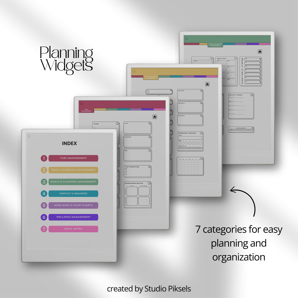 Productivity Widgets for reMarkable Paper Pro with task lists, schedules, goals, reminders, wellness and note-taking widgets for digital planners and notebooks.