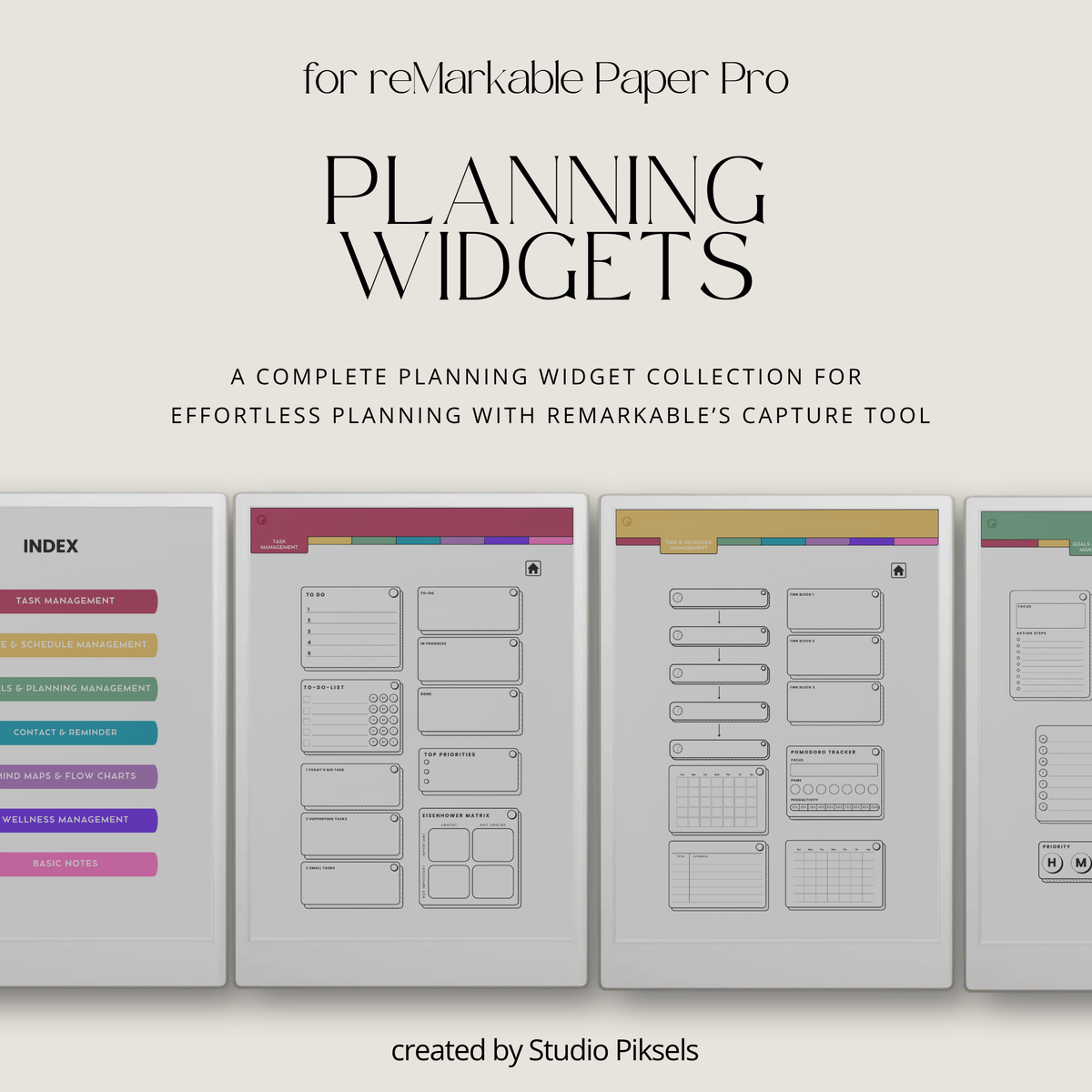 Productivity Widgets for reMarkable Paper Pro with task lists, schedules, goals, reminders, wellness and note-taking widgets for digital planners and notebooks.