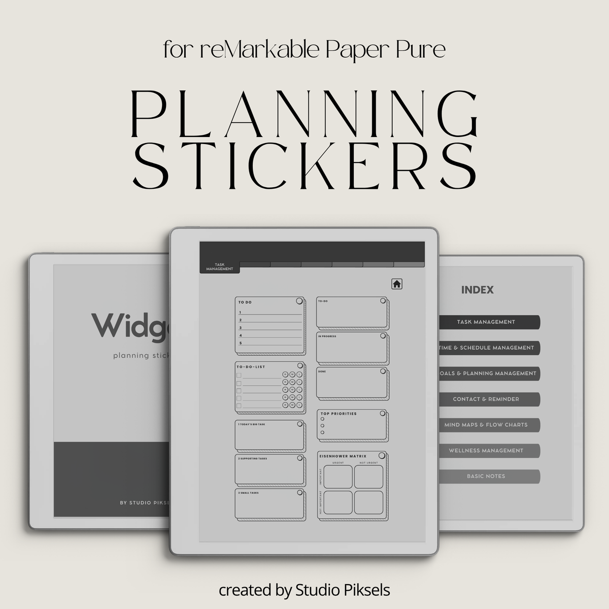 Grayscale Productivity Widgets for reMarkable 2 and Paper Pure with task lists, schedules, goals, reminders, wellness and note-taking widgets.