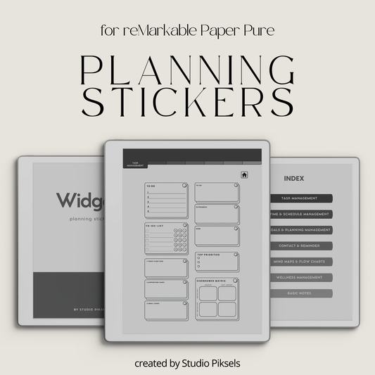 Grayscale Productivity Widgets for reMarkable 2 and Paper Pure with task lists, schedules, goals, reminders, wellness and note-taking widgets.
