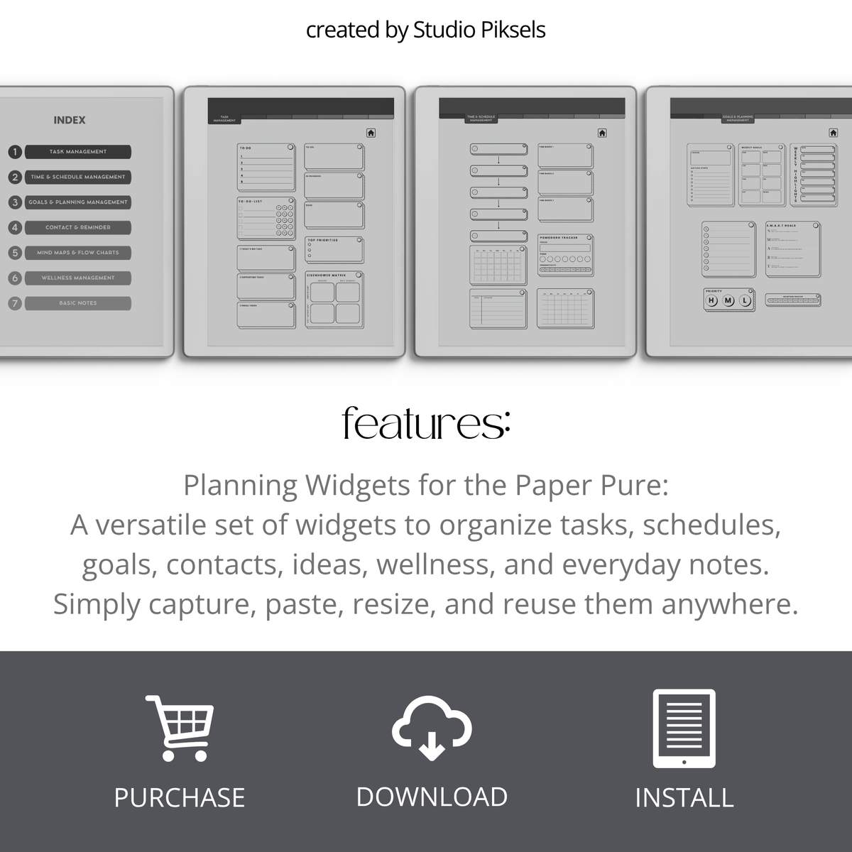 Grayscale Productivity Widgets for reMarkable 2 and Paper Pure with task lists, schedules, goals, reminders, wellness and note-taking widgets.