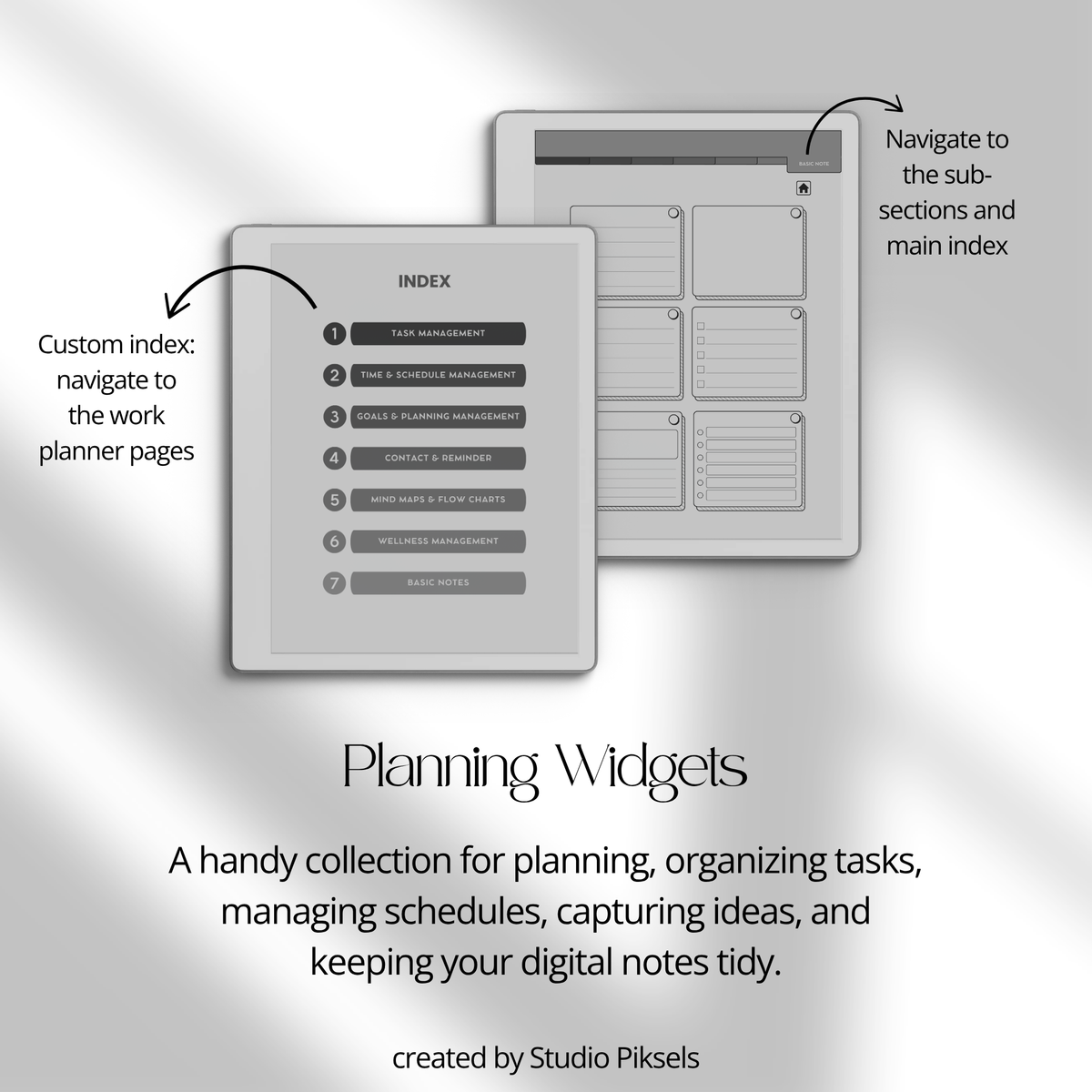 Grayscale Productivity Widgets for reMarkable 2 and Paper Pure with task lists, schedules, goals, reminders, wellness and note-taking widgets.