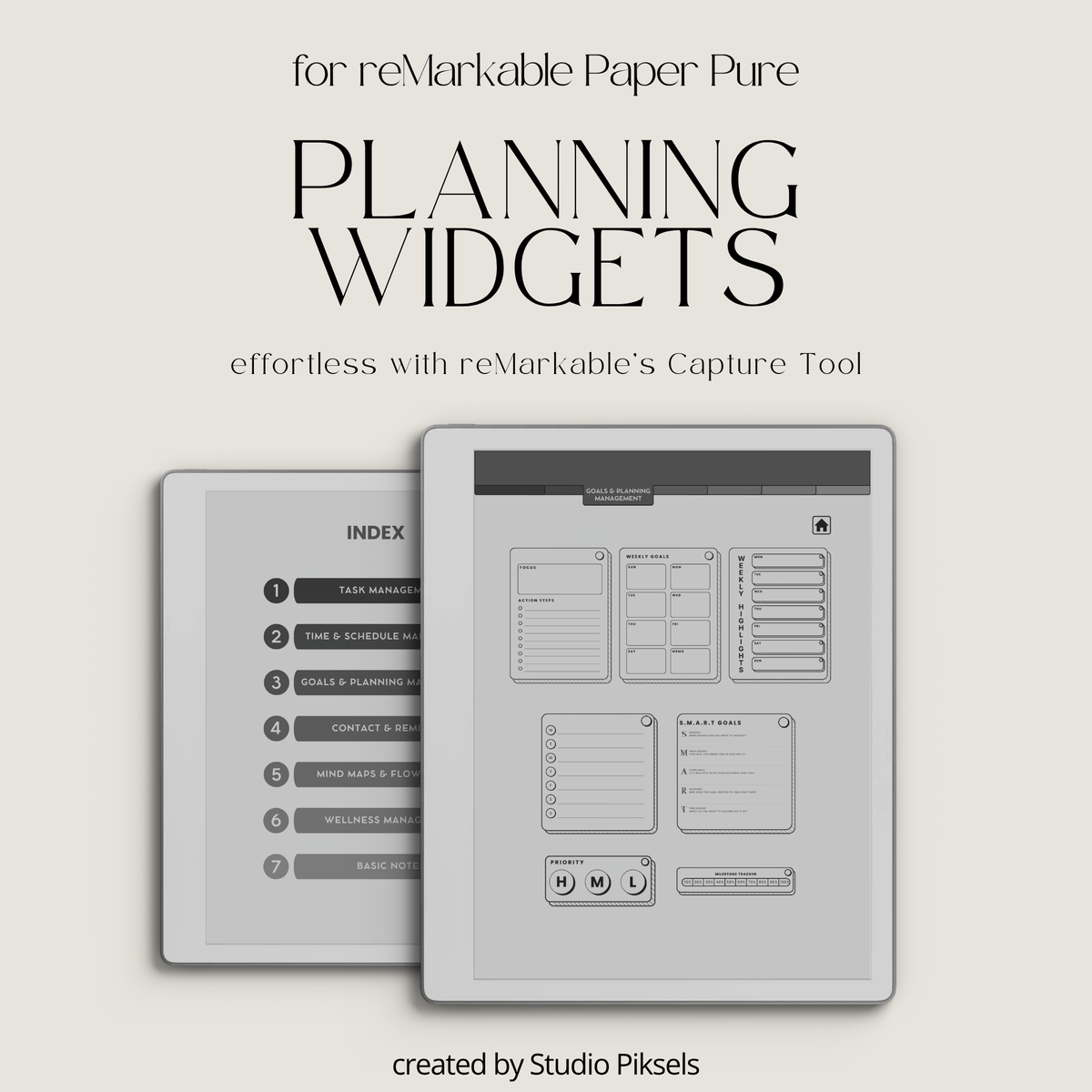 Grayscale Productivity Widgets for reMarkable 2 and Paper Pure with task lists, schedules, goals, reminders, wellness and note-taking widgets.