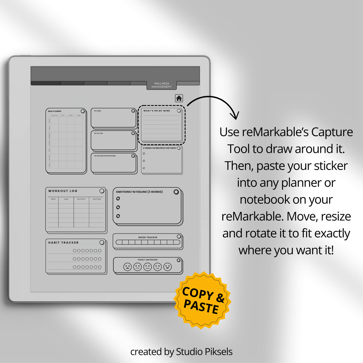Grayscale Productivity Widgets for reMarkable 2 and Paper Pure with task lists, schedules, goals, reminders, wellness and note-taking widgets.