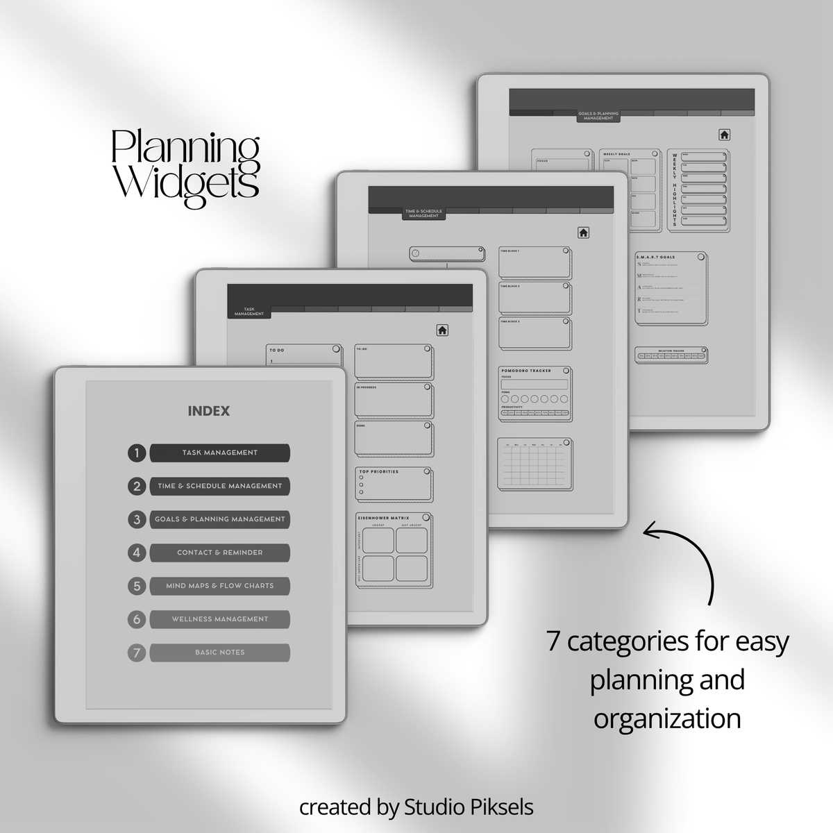 Grayscale Productivity Widgets for reMarkable 2 and Paper Pure with task lists, schedules, goals, reminders, wellness and note-taking widgets.