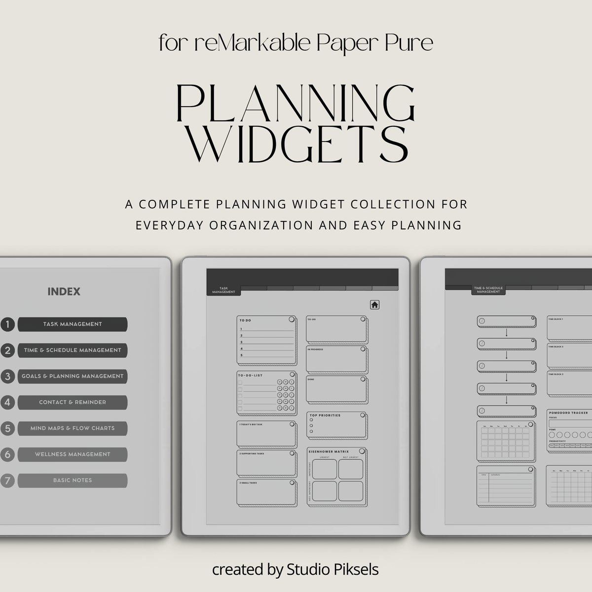 Grayscale Productivity Widgets for reMarkable 2 and Paper Pure with task lists, schedules, goals, reminders, wellness and note-taking widgets.