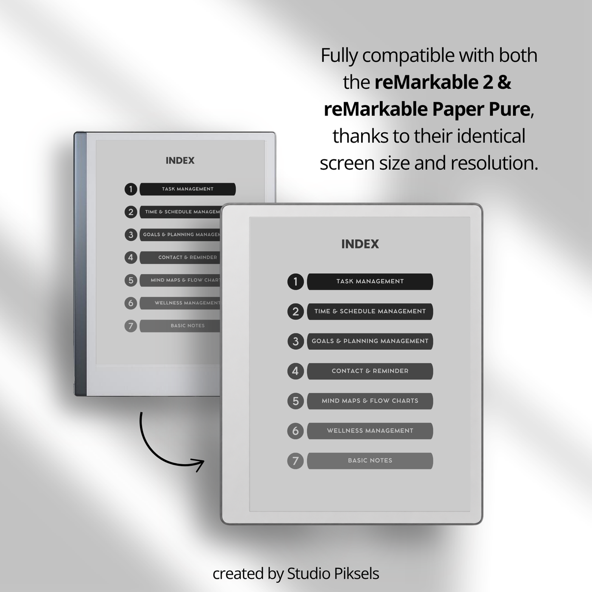 Grayscale Productivity Widgets for reMarkable 2 and Paper Pure with task lists, schedules, goals, reminders, wellness and note-taking widgets.
