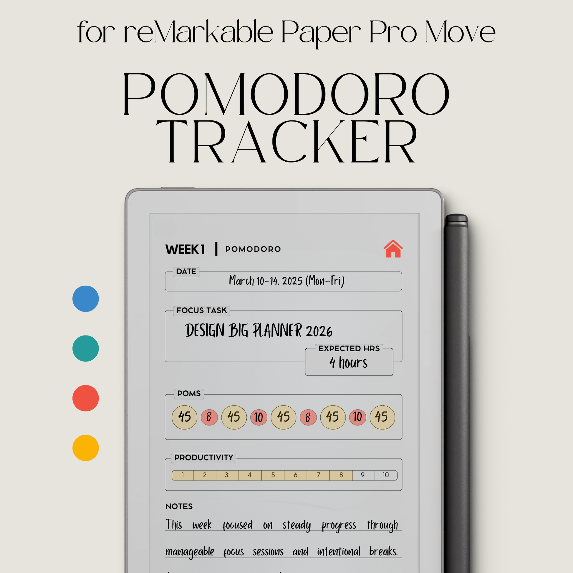 Hyperlinked pomodoro tracker PDF for reMarkable Paper Pro Move with weekly focus layout and session log pages.