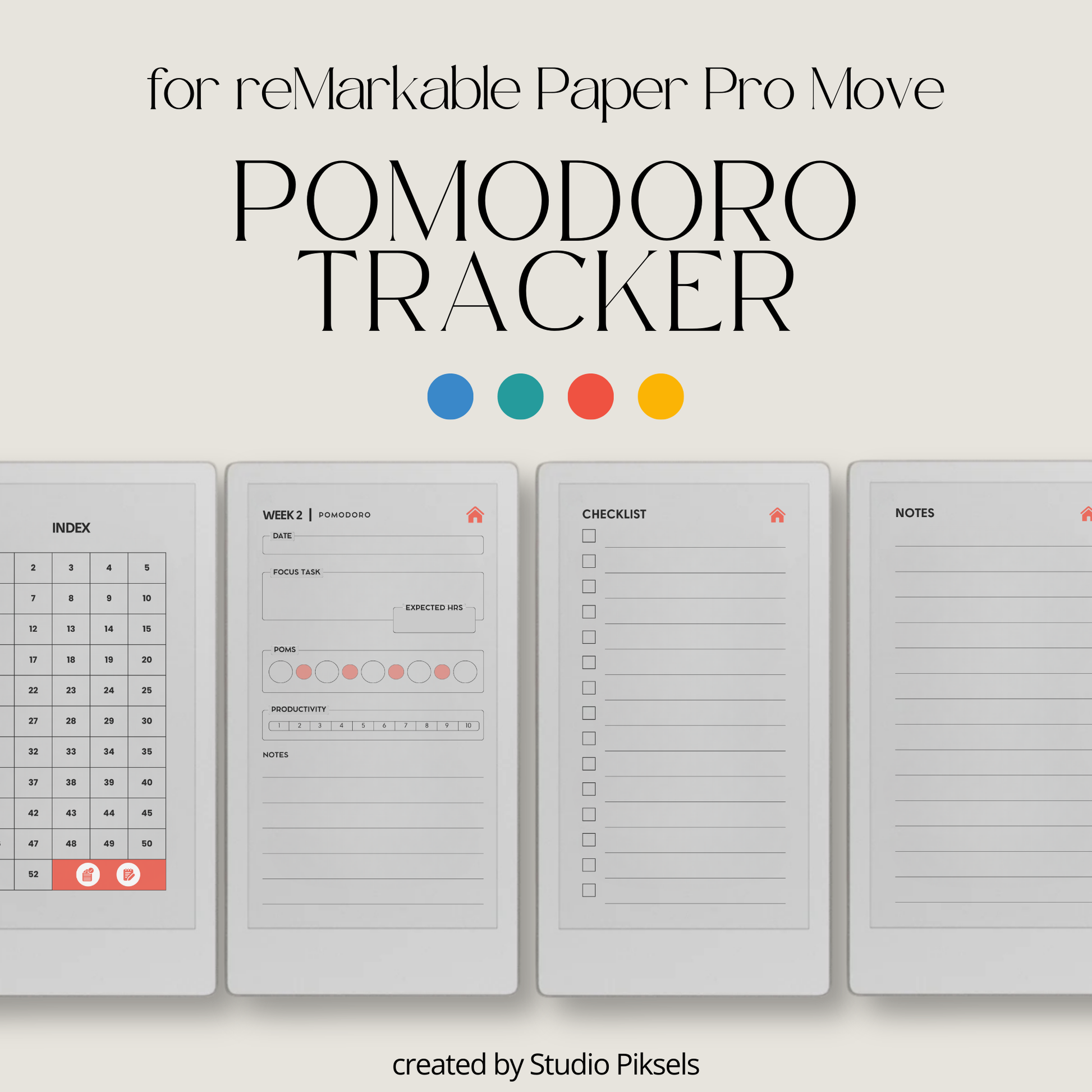 Hyperlinked pomodoro tracker PDF for reMarkable Paper Pro Move with weekly focus layout and session log pages.