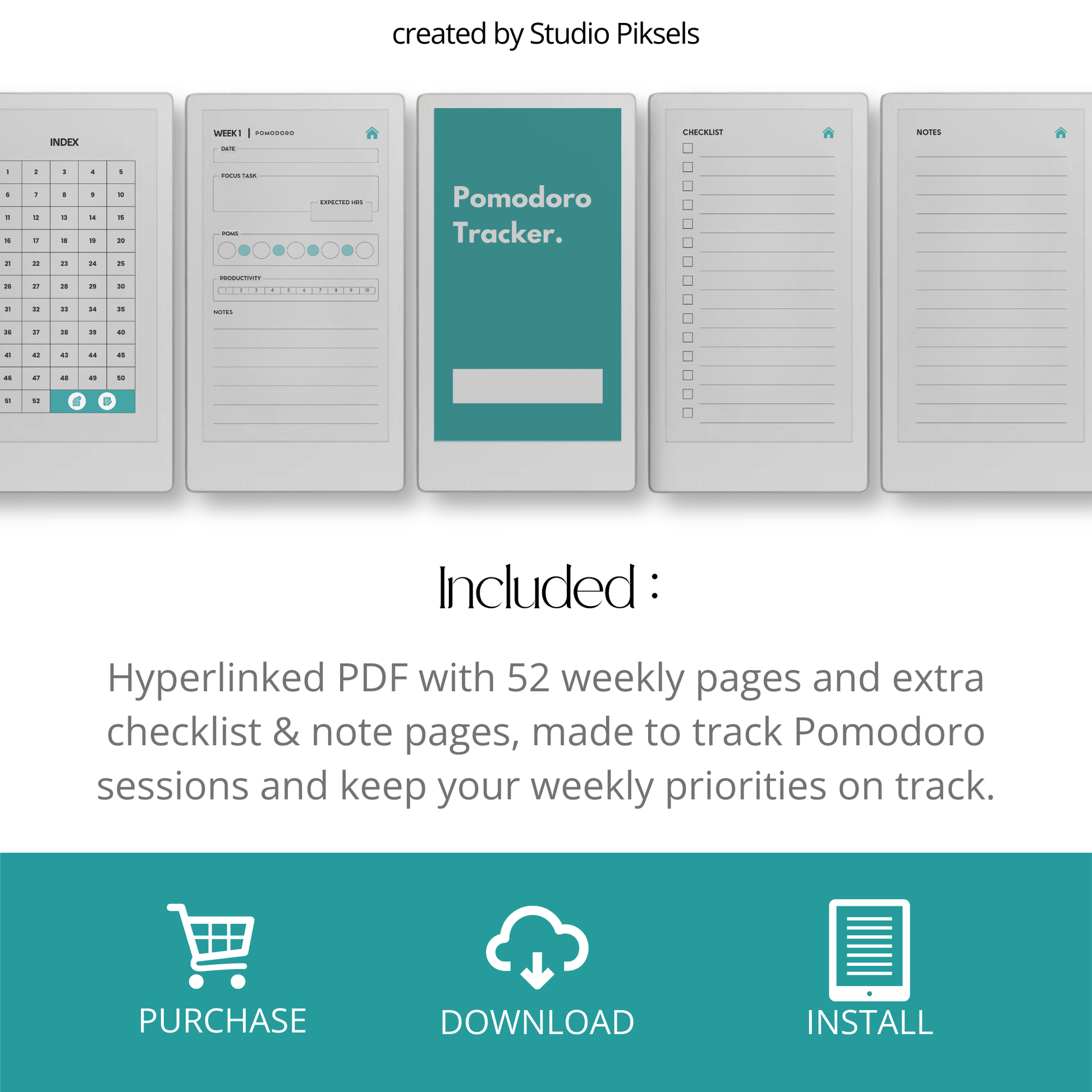 Hyperlinked pomodoro tracker PDF for reMarkable Paper Pro Move with weekly focus layout and session log pages.