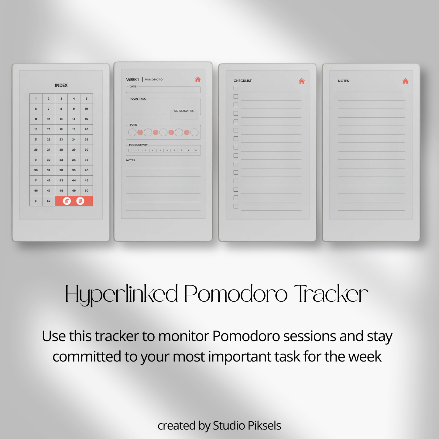 Hyperlinked pomodoro tracker PDF for reMarkable Paper Pro Move with weekly focus layout and session log pages.