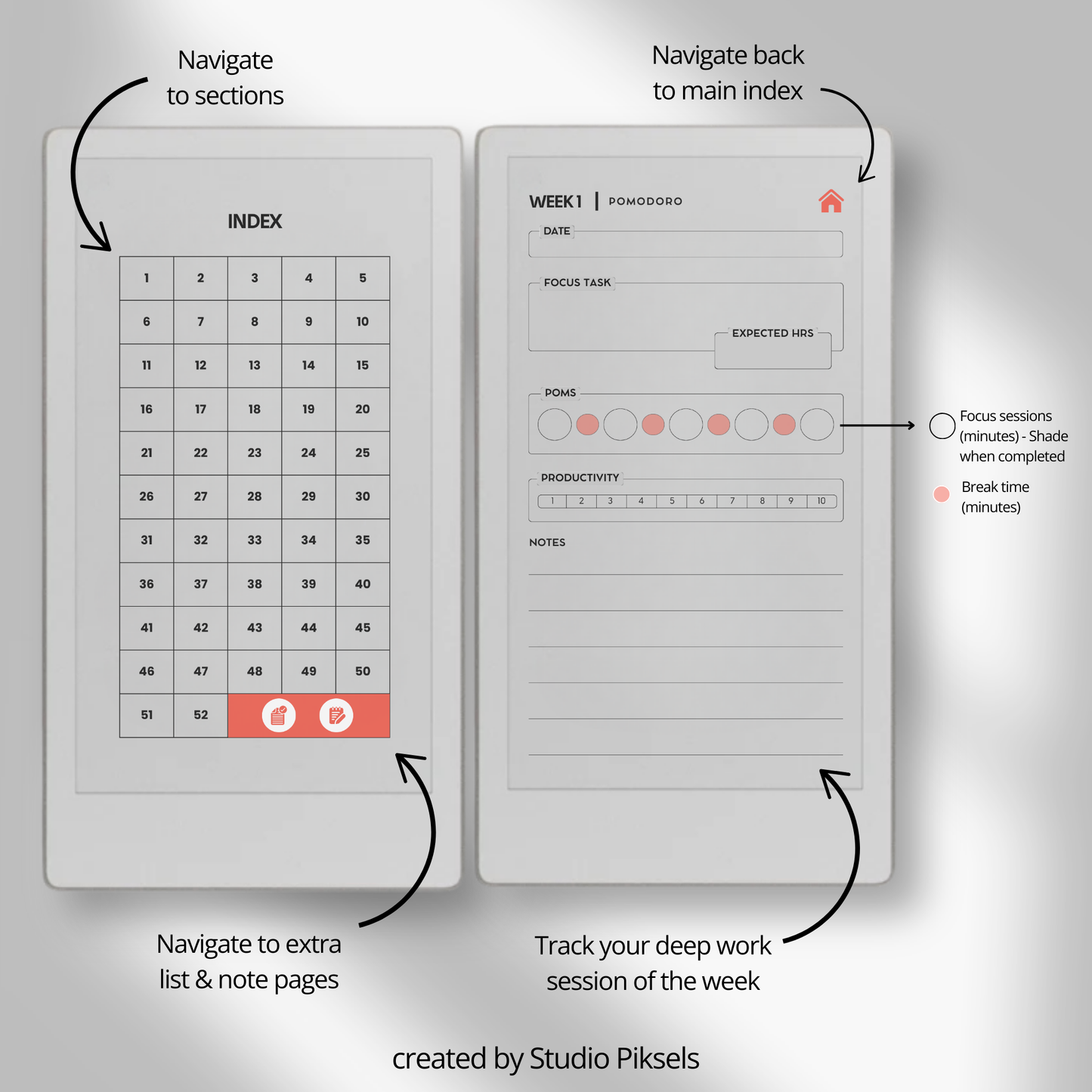 Hyperlinked pomodoro tracker PDF for reMarkable Paper Pro Move with weekly focus layout and session log pages.