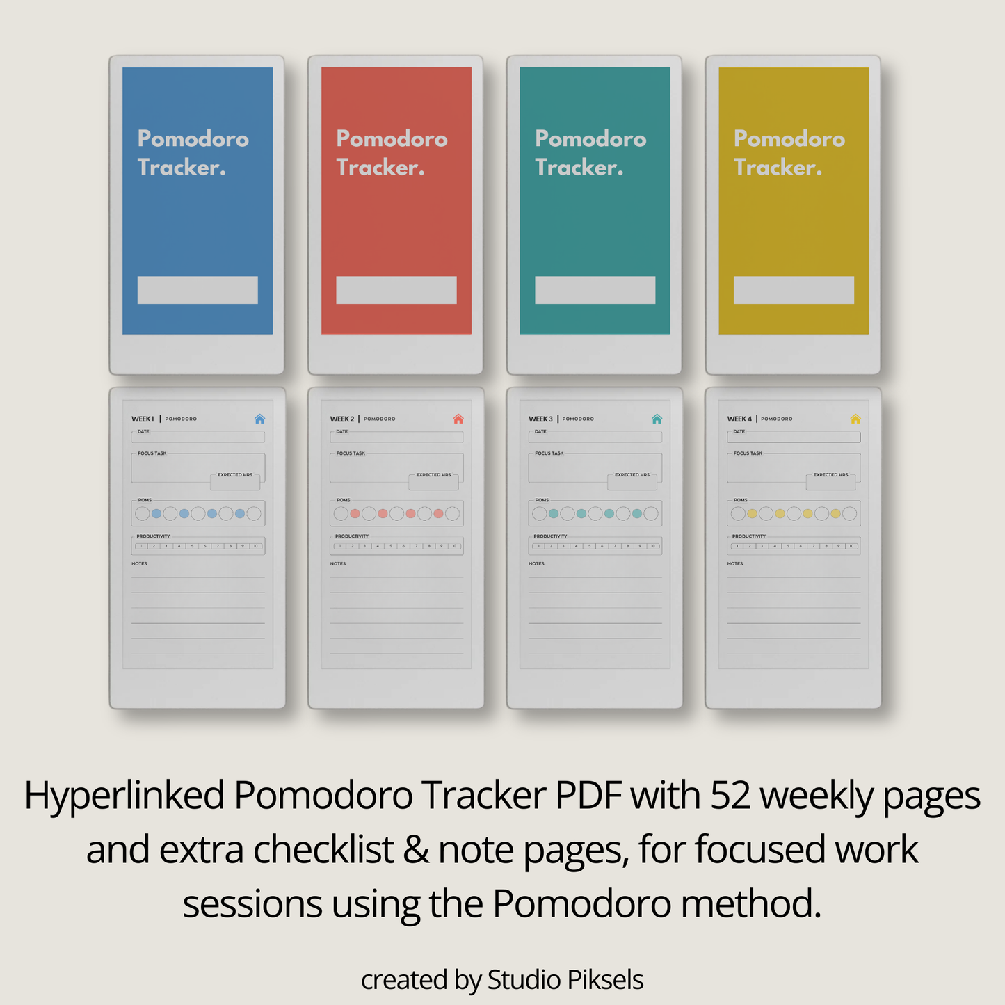 Hyperlinked pomodoro tracker PDF for reMarkable Paper Pro Move with weekly focus layout and session log pages.
