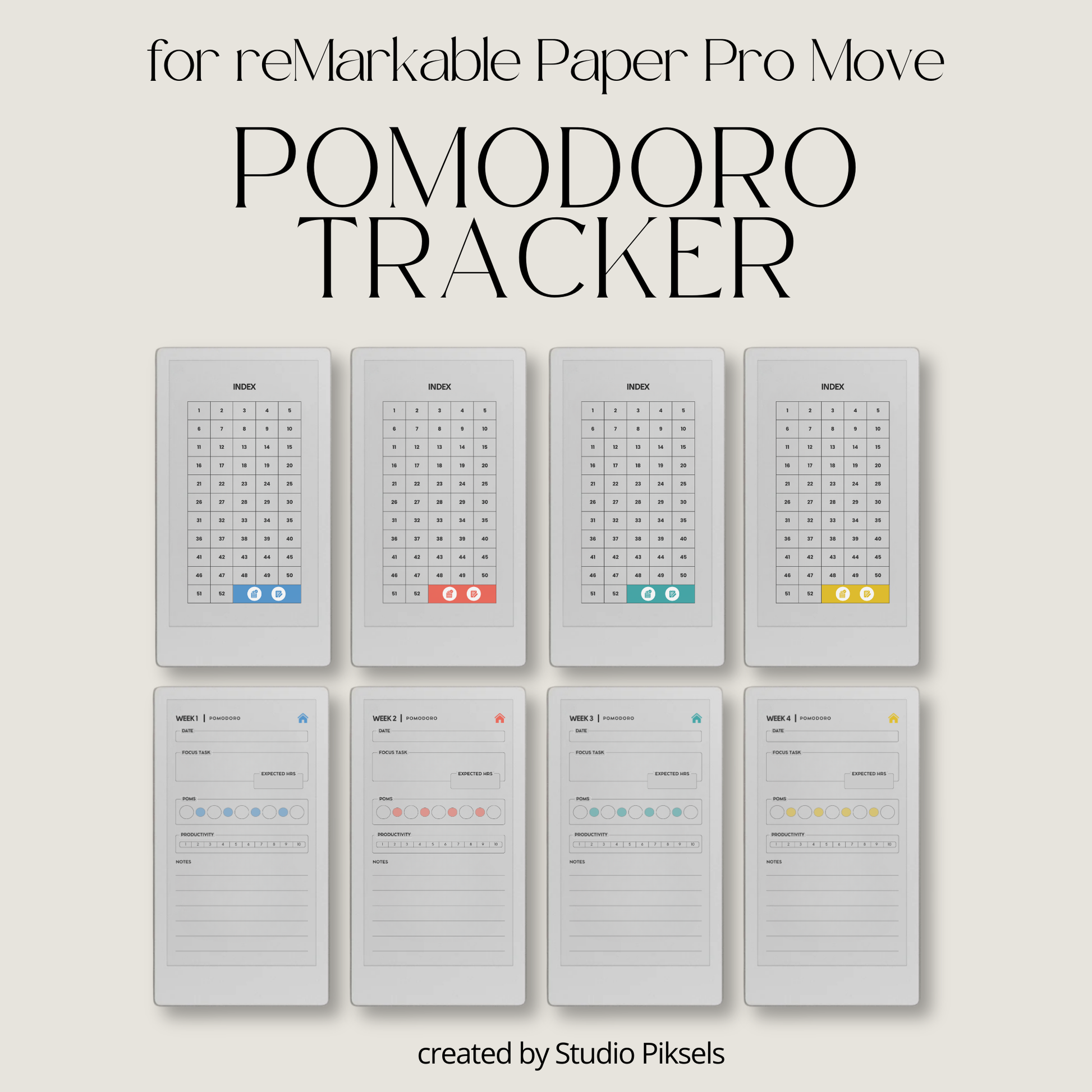 Hyperlinked pomodoro tracker PDF for reMarkable Paper Pro Move with weekly focus layout and session log pages.