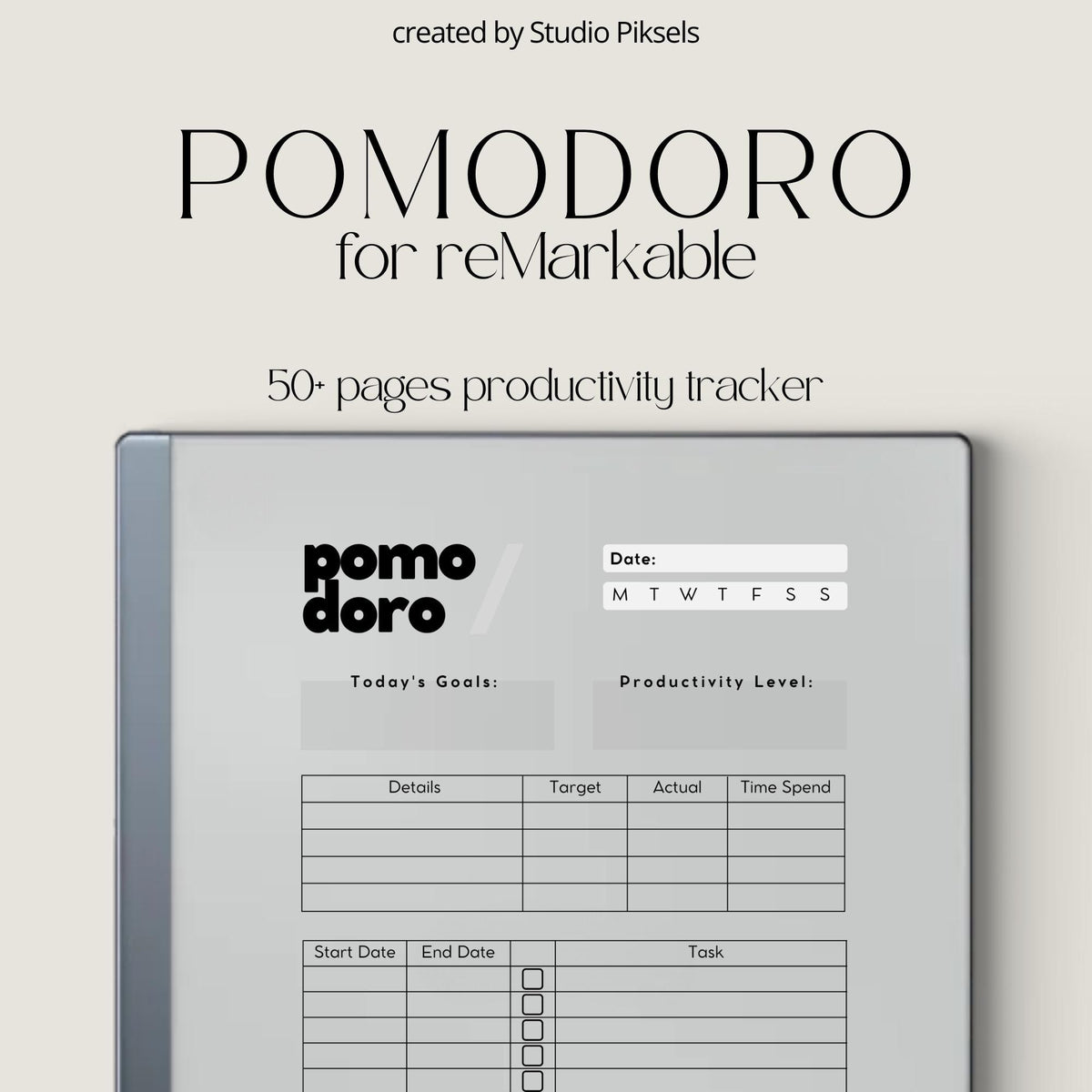 Pomodoro Planner for reMarkable featuring a minimalist digital PDF notebook with 50 Pomodoro tracker pages, focused work session sections, task planning areas, extra note-taking sheets, and clean productivity layout.
