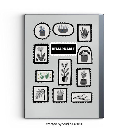Cheerful potted plants sleep screen for reMarkable 2 and reMarkable Paper Pure with cozy botanical plant artwork in PNG and PDF format