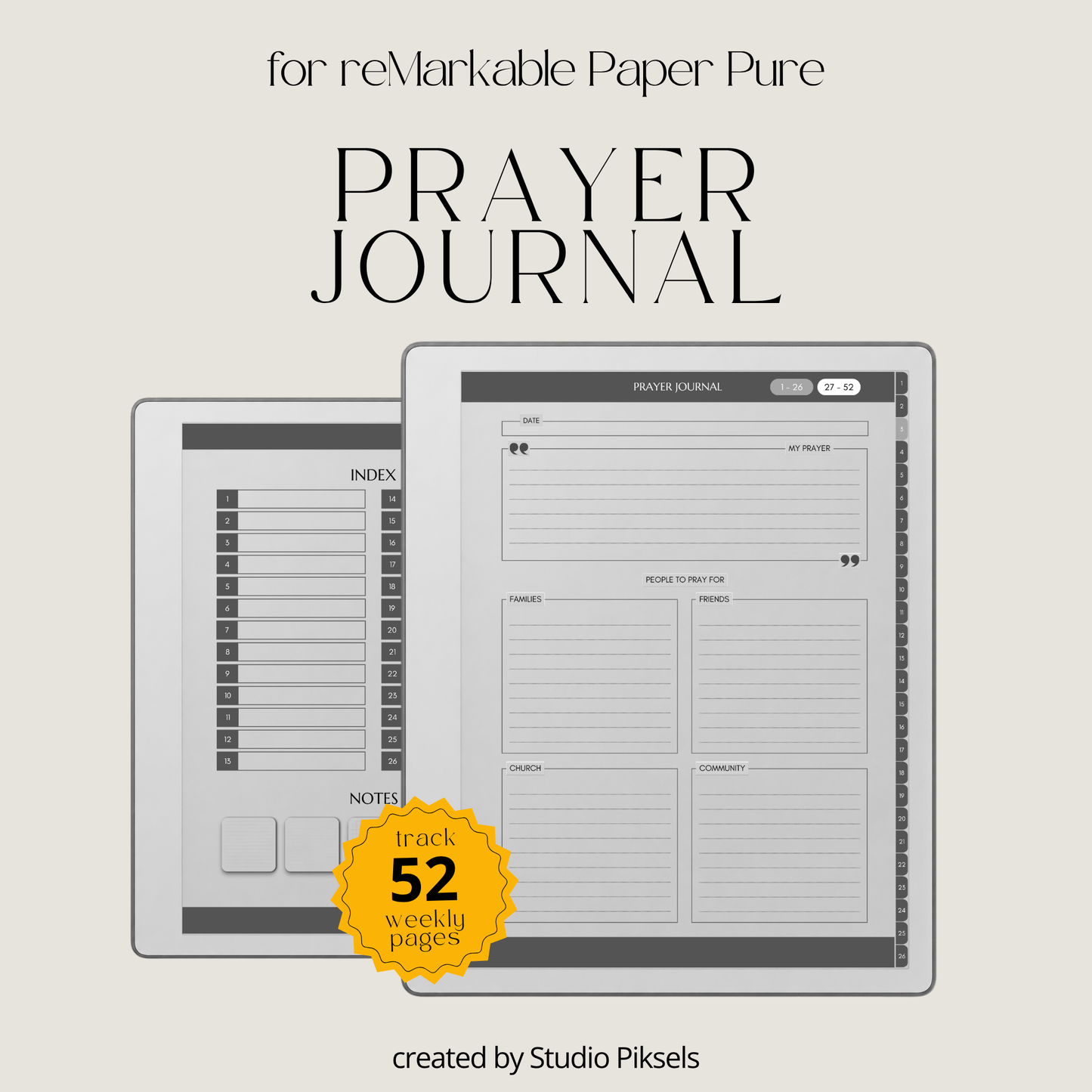 Hyperlinked Weekly Prayer Journal for reMarkable 2 and reMarkable Paper Pure with 52 weekly prayer pages, prayer lists, Bible study notes, and monochrome e-ink layouts.