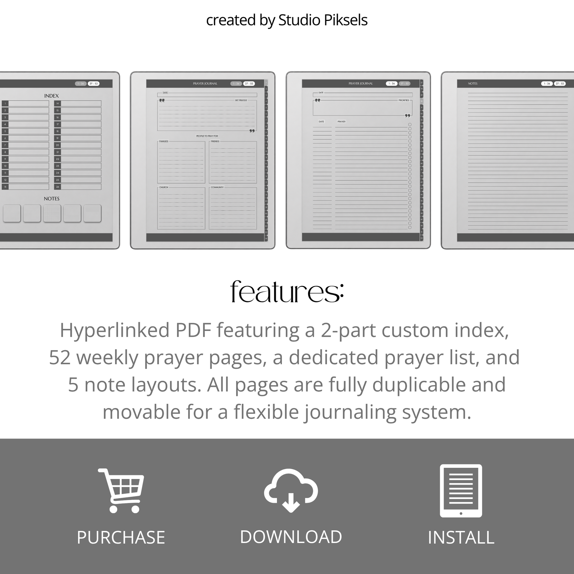Hyperlinked Weekly Prayer Journal for reMarkable 2 and reMarkable Paper Pure with 52 weekly prayer pages, prayer lists, Bible study notes, and monochrome e-ink layouts.