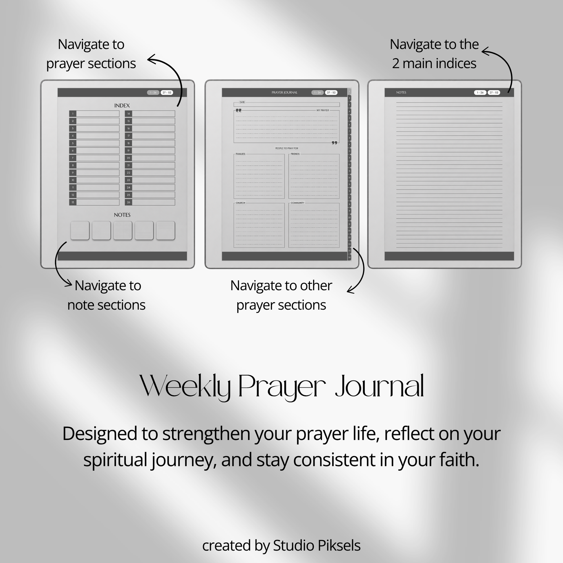 Hyperlinked Weekly Prayer Journal for reMarkable 2 and reMarkable Paper Pure with 52 weekly prayer pages, prayer lists, Bible study notes, and monochrome e-ink layouts.