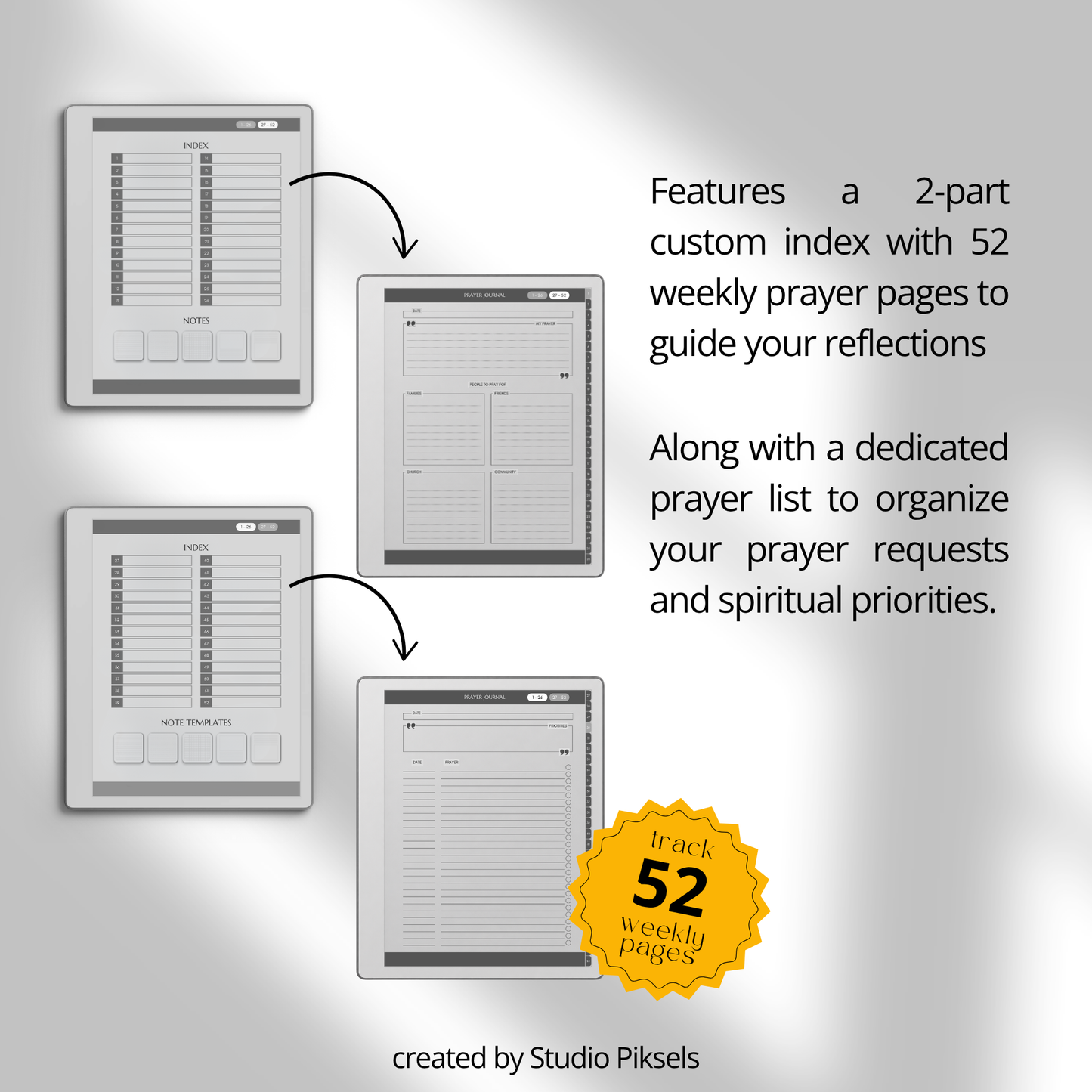 Hyperlinked Weekly Prayer Journal for reMarkable 2 and reMarkable Paper Pure with 52 weekly prayer pages, prayer lists, Bible study notes, and monochrome e-ink layouts.
